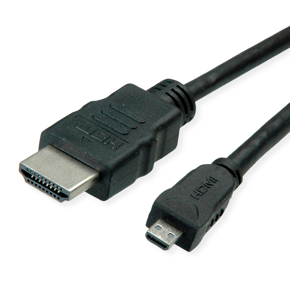 Zwarte HDMI-kabel met een mini-HDMI-connector. De achtergrond is wit.