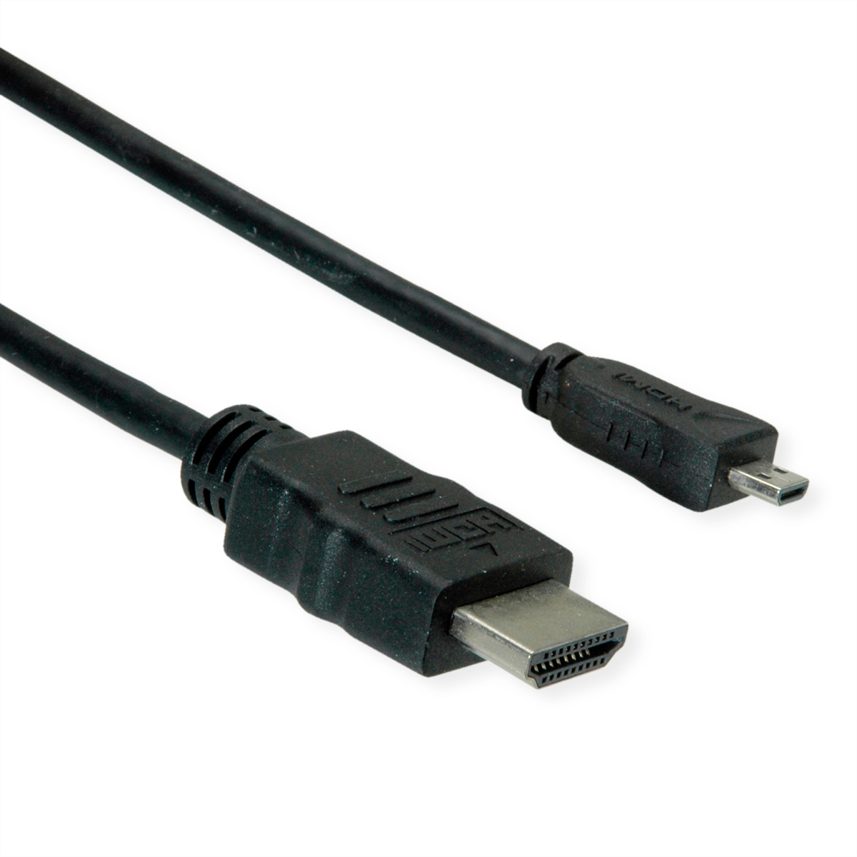 Zwarte HDMI-kabel met connectoren aan beide uiteinden. Witte achtergrond.