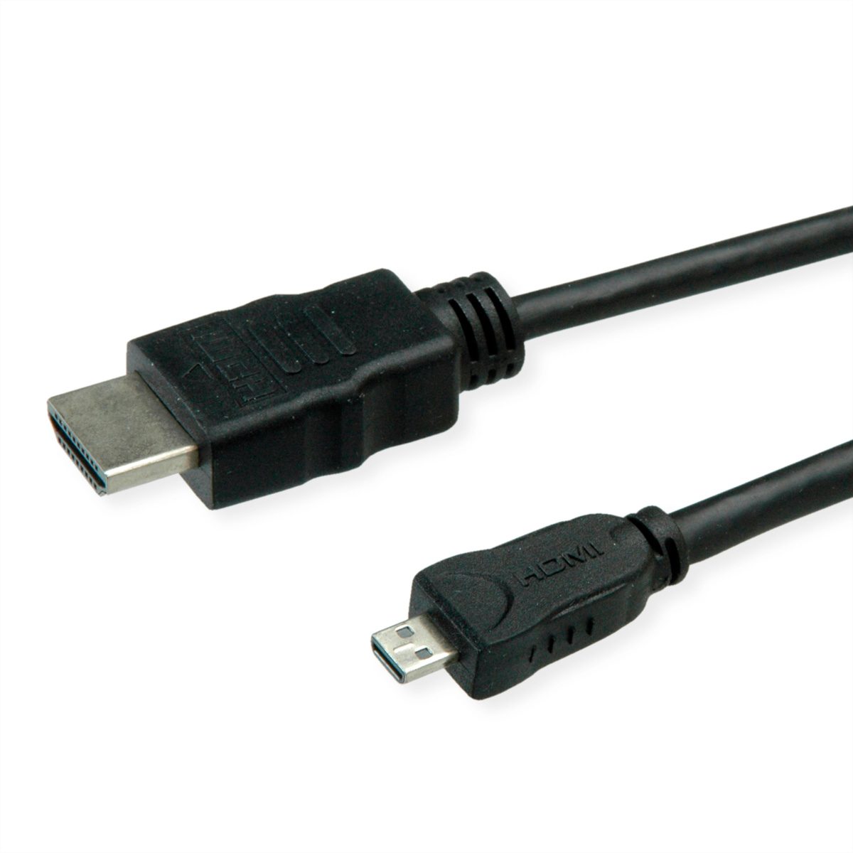 Zwarte HDMI naar Micro HDMI-kabel. Eén uiteinde heeft de HDMI-connector, de andere een micro HDMI.