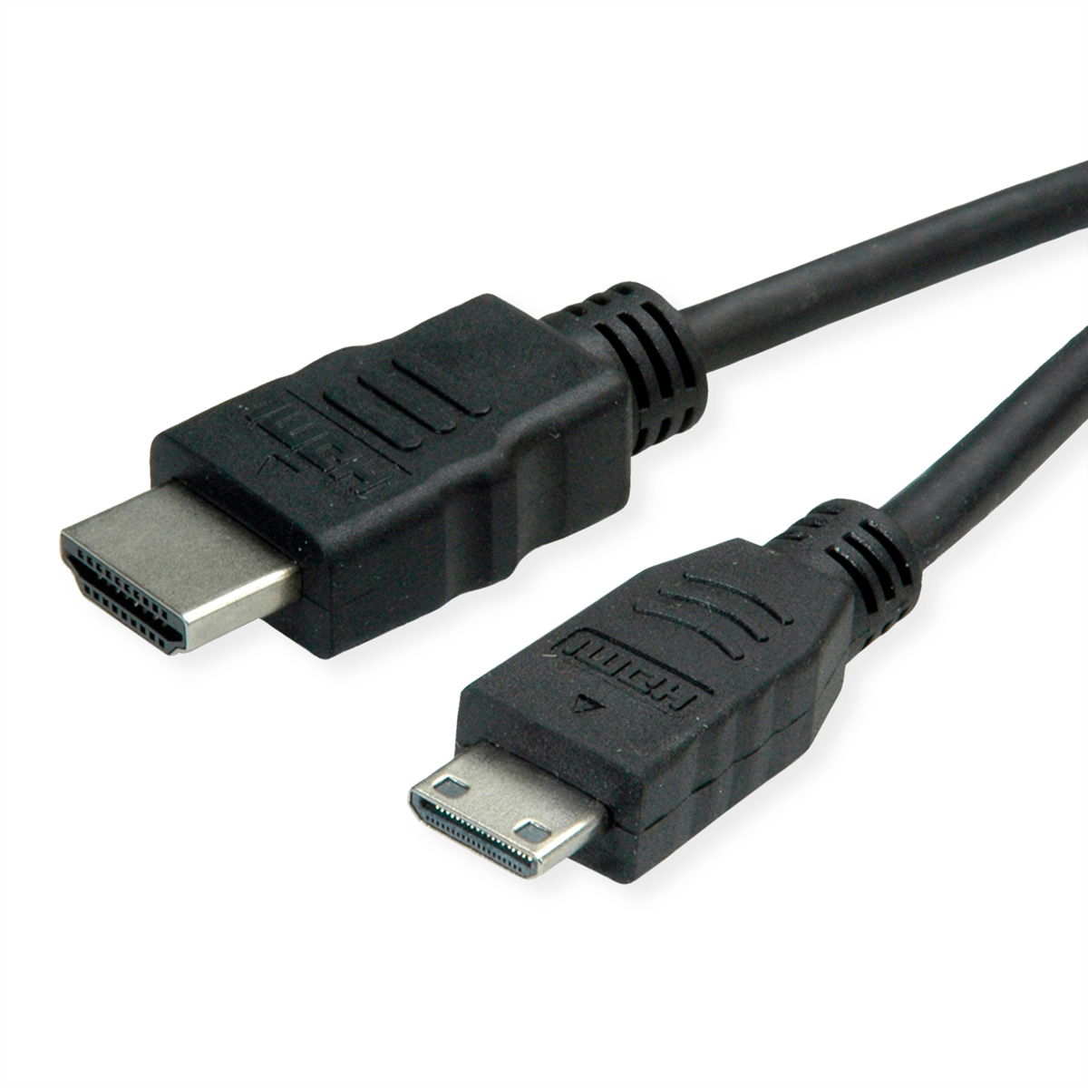 Zwarte HDMI-kabel. Eén uiteinde is HDMI, de andere is micro HDMI. Witte achtergrond.