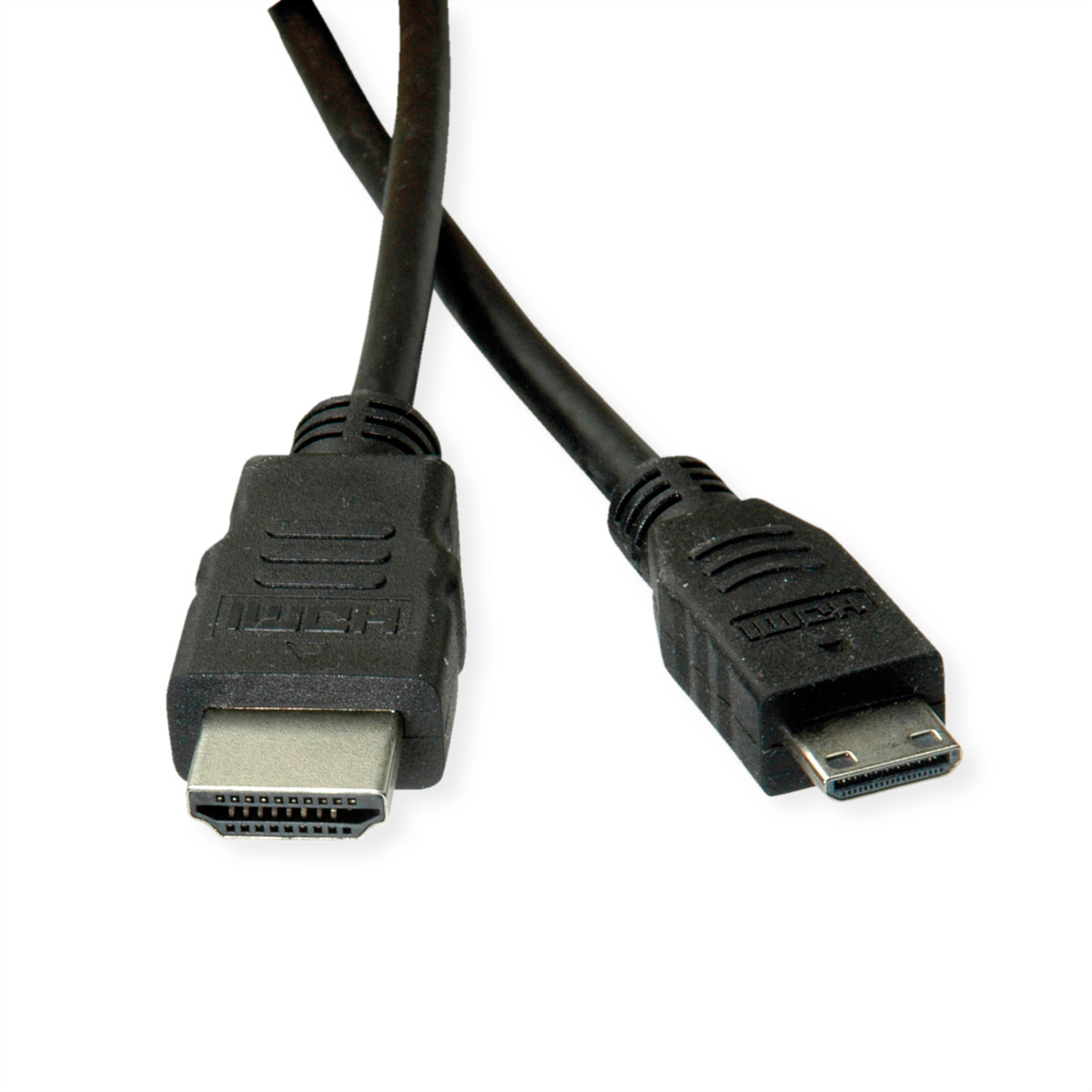 Twee zwarte HDMI-kabels. Eén uiteinde is HDMI, de andere is micro-HDMI. Ze staan op een witte achtergrond.