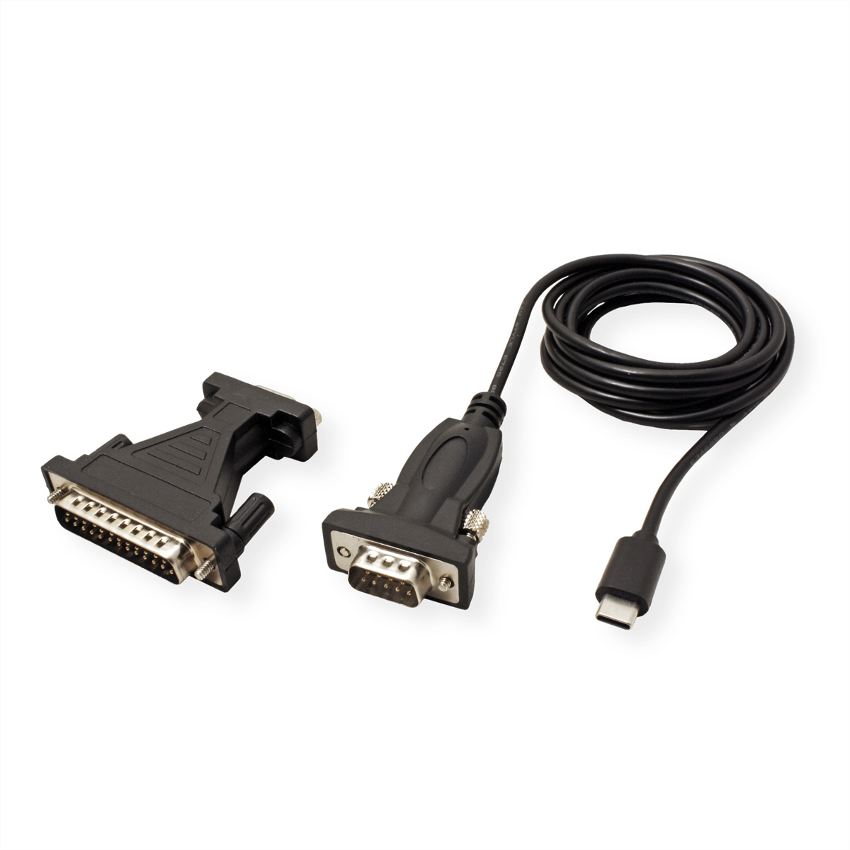 Zwei schwarze Datenkabel mit Steckern. Ein Kabel hat einen USB-C-Anschluss.