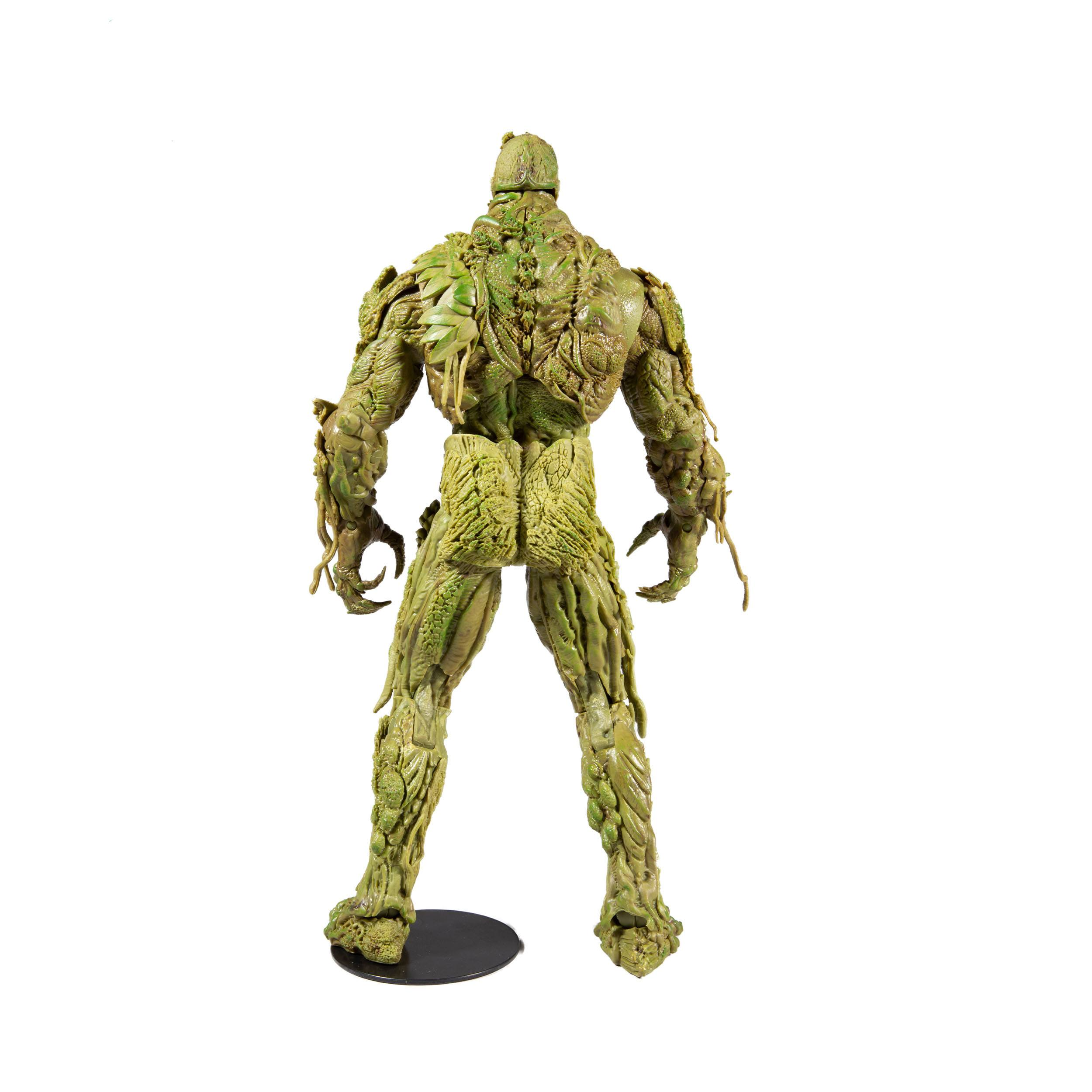 Swamp Thing-Actionfigur, grün mit Ranken, auf schwarzem Ständer, Rückansicht.