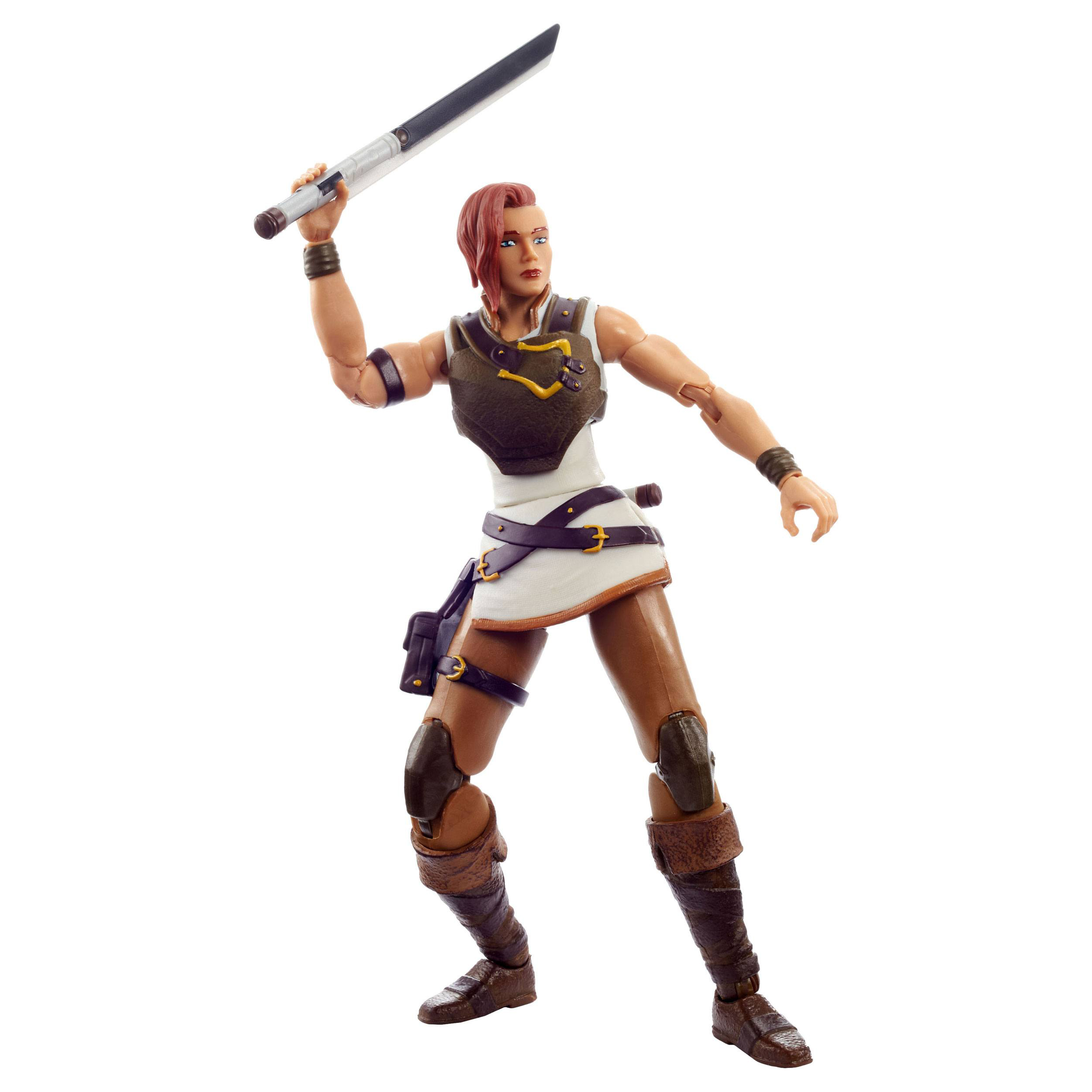 Eine Actionfigur einer weiblichen Kriegerin, die ein Schwert hält. Sie trägt eine Rüstung.