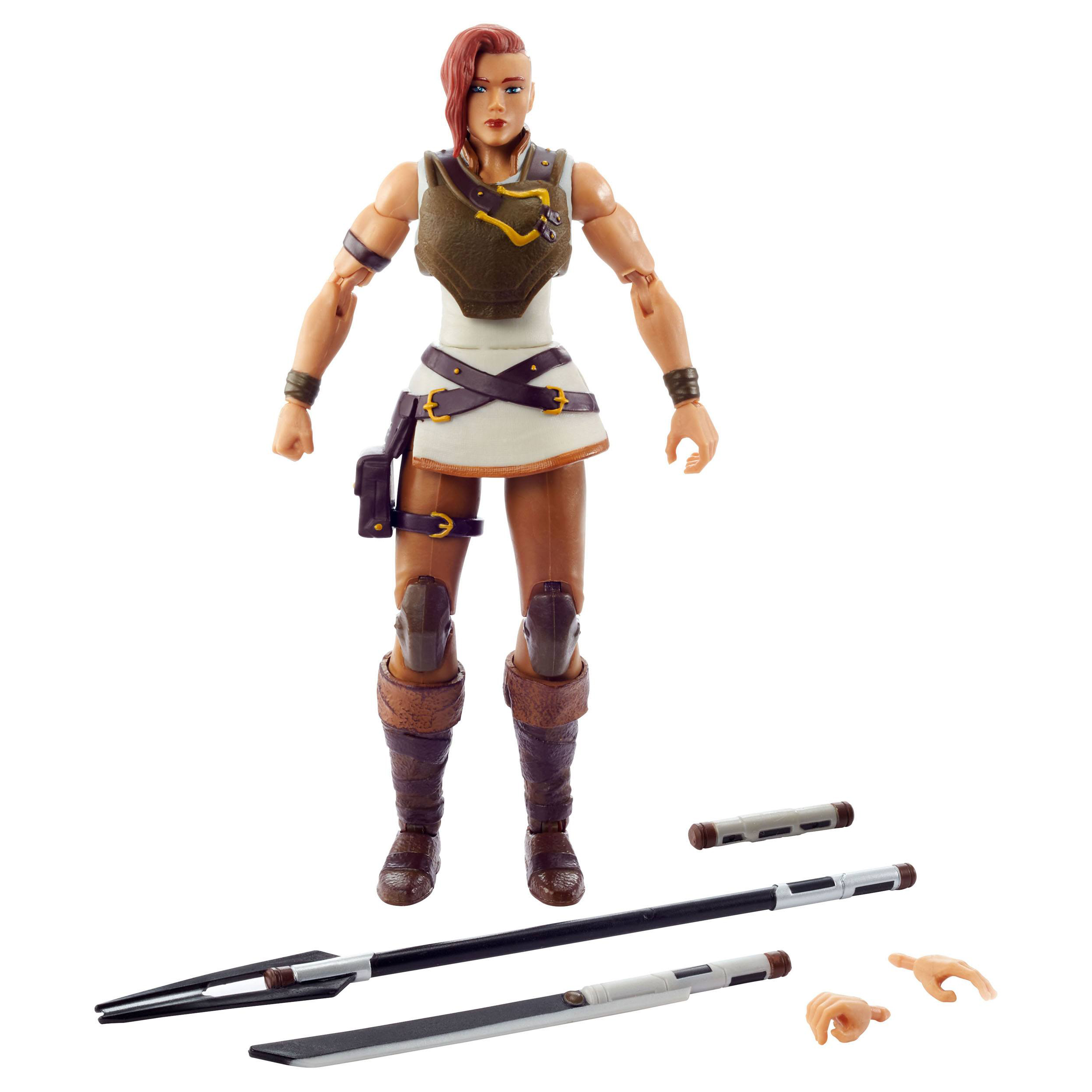 Actionfigur einer Frau mit rotem Haar. Enthält Zubehör wie Schwert, Messer und Hände.