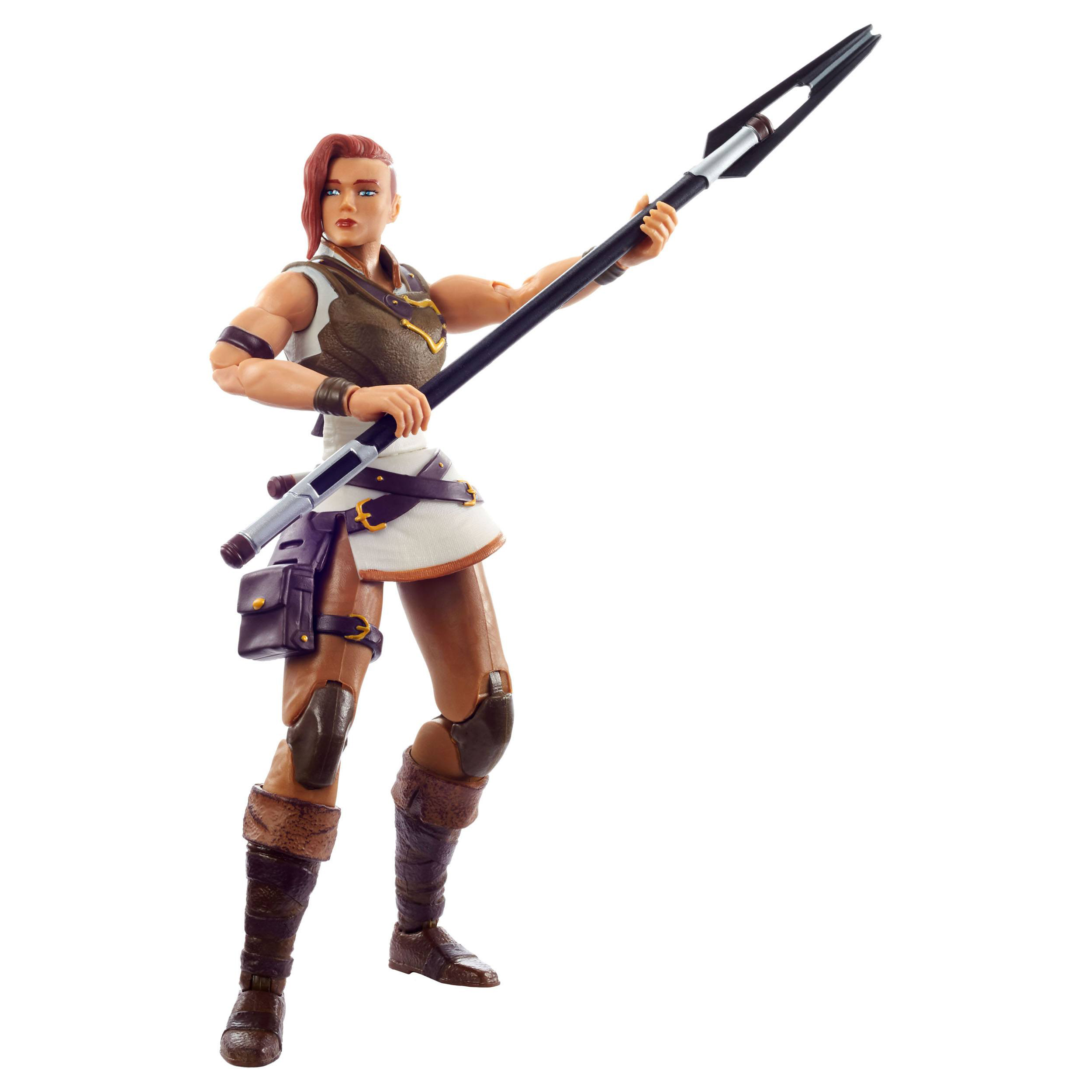 Eine weibliche Actionfigur in Kriegerkleidung hält einen Speer.