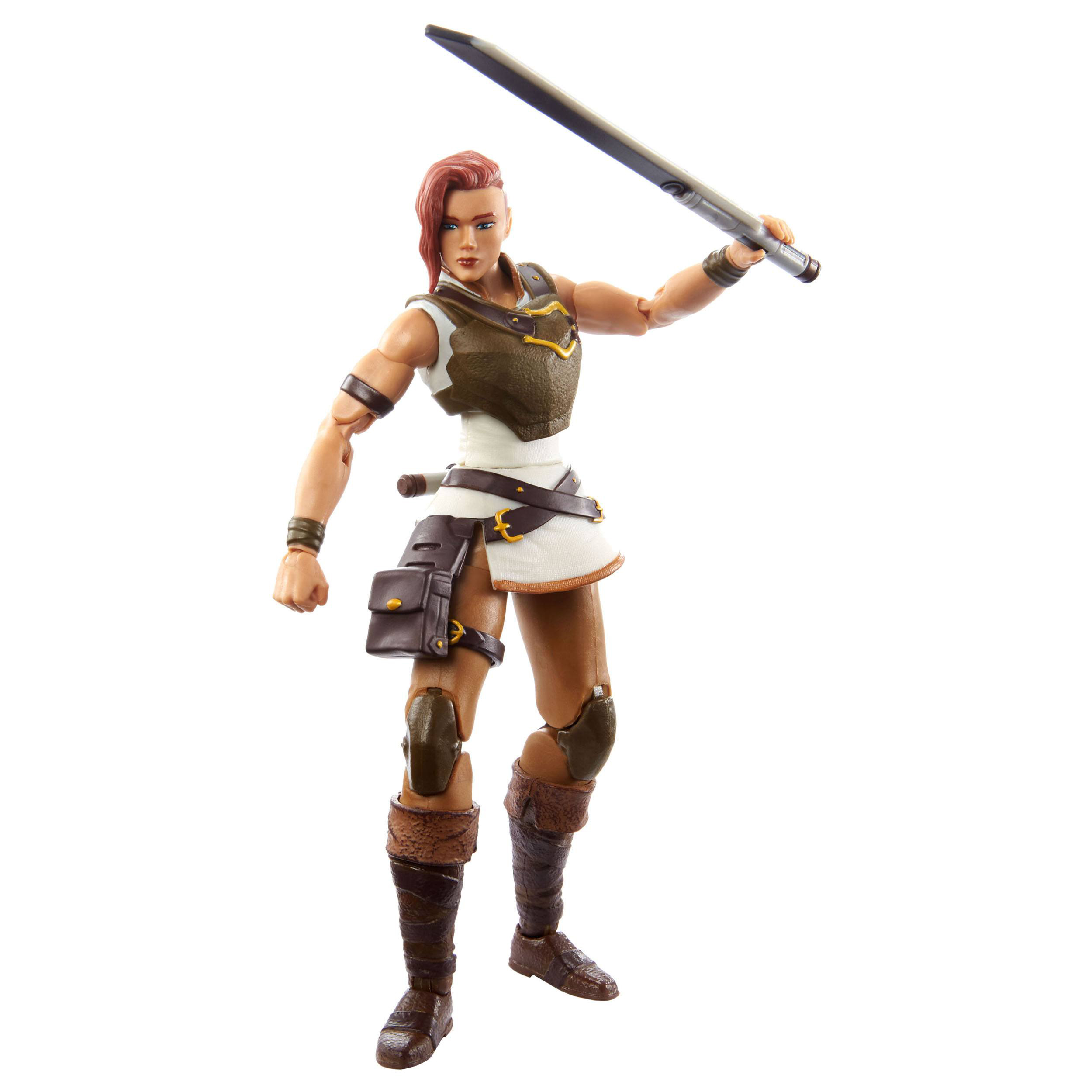 Weibliche Actionfigur, die ein Schwert hält. Sie trägt ein braunes und weißes Outfit mit Gürtel und Tasche.