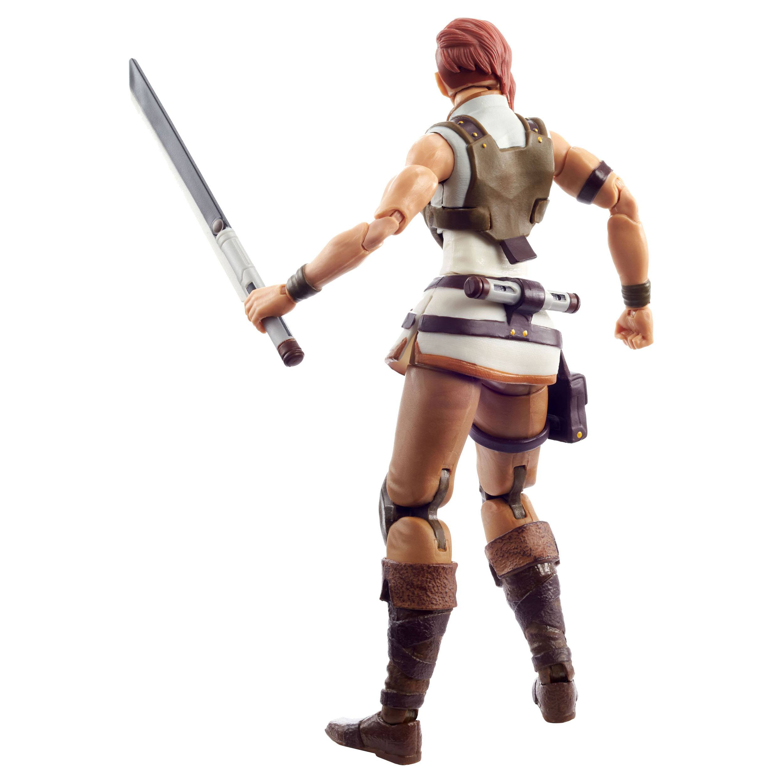 Eine weibliche Actionfigur mit Schwert. Sie trägt Weste, Rock und Stiefel.