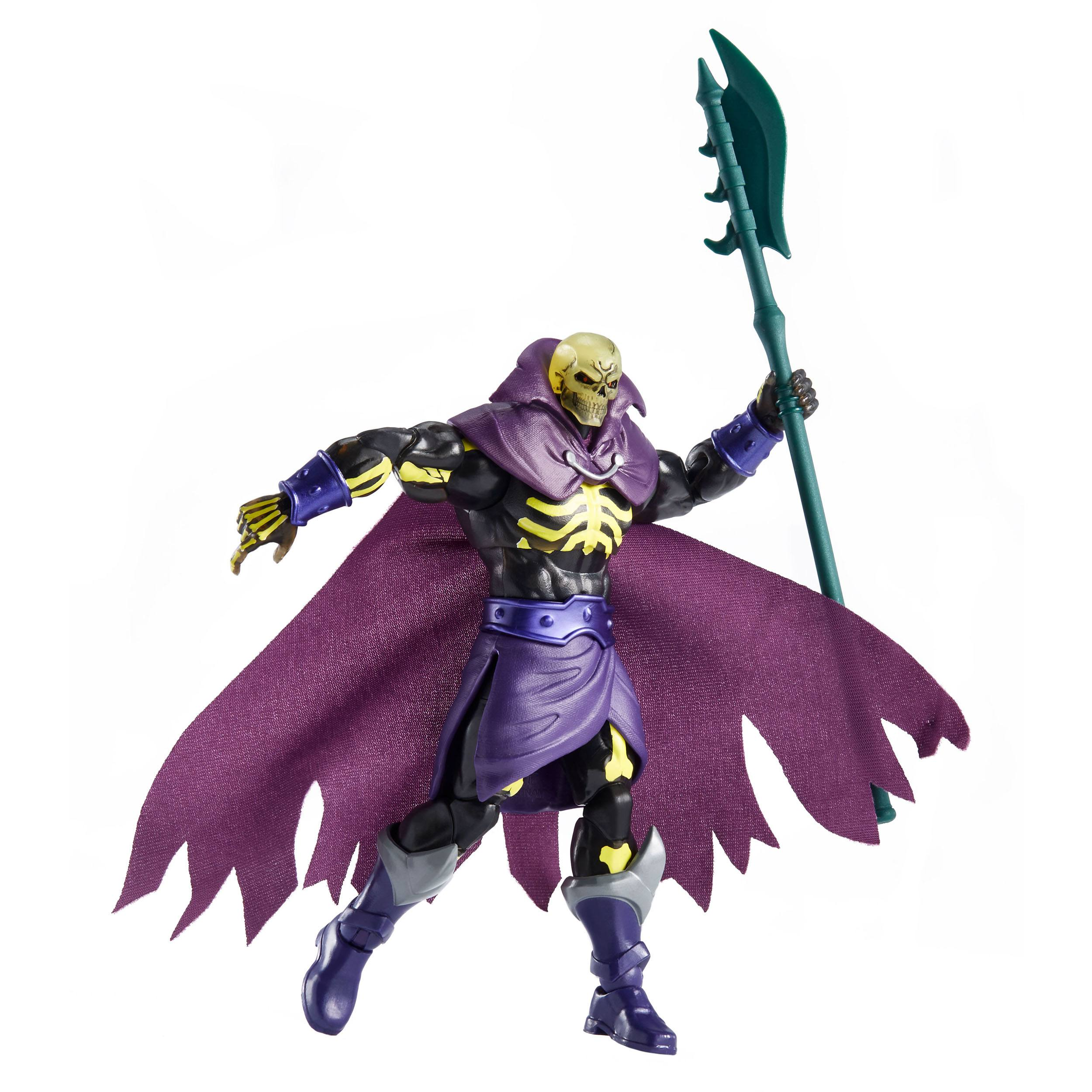 Skeletor Actionfigur mit Stab, lila Umhang und Panzerungsdetails. Schwarz, Gelb und Lila.