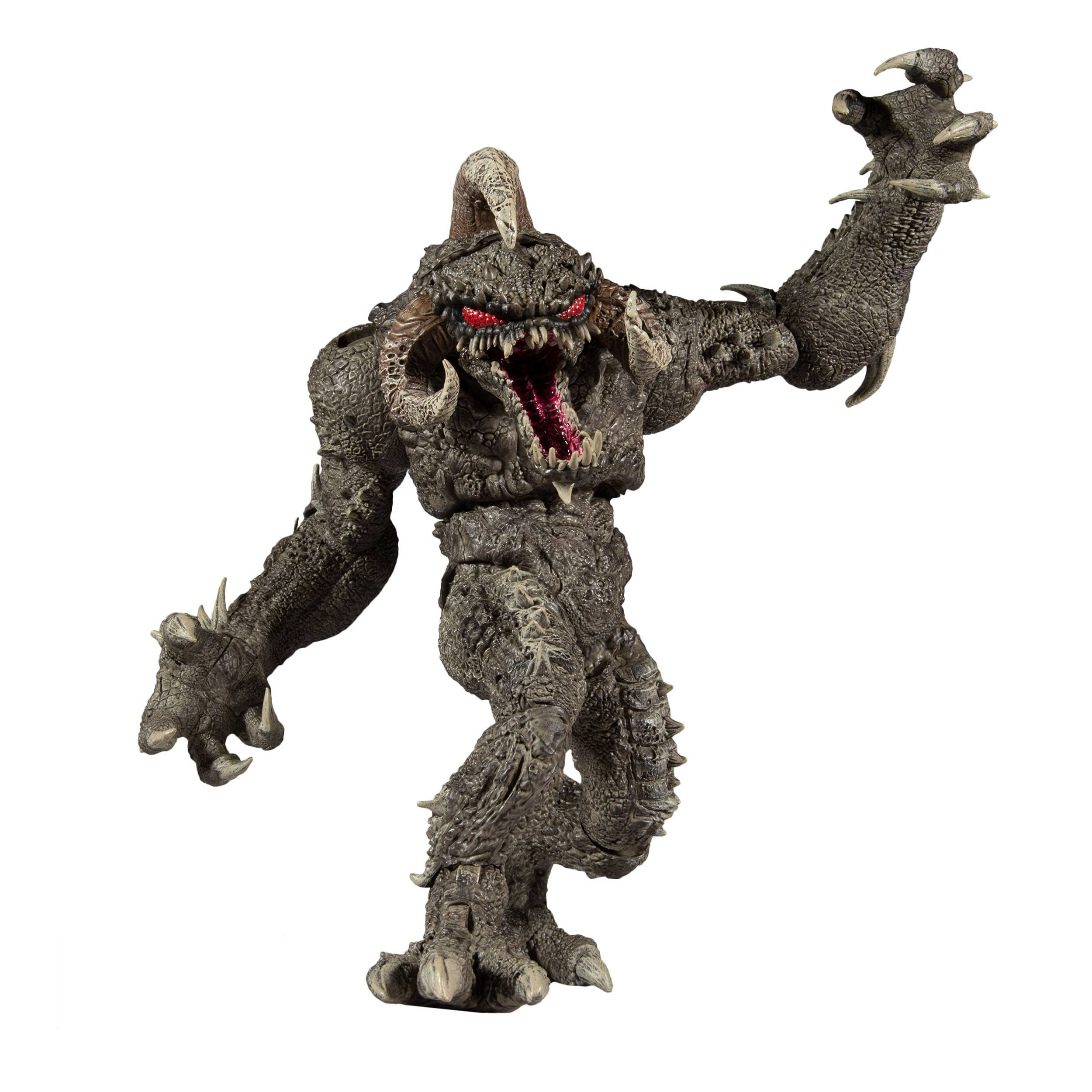 Dämon-Actionfigur, grau mit Hörnern, roten Augen und offenem Mund mit Zähnen.