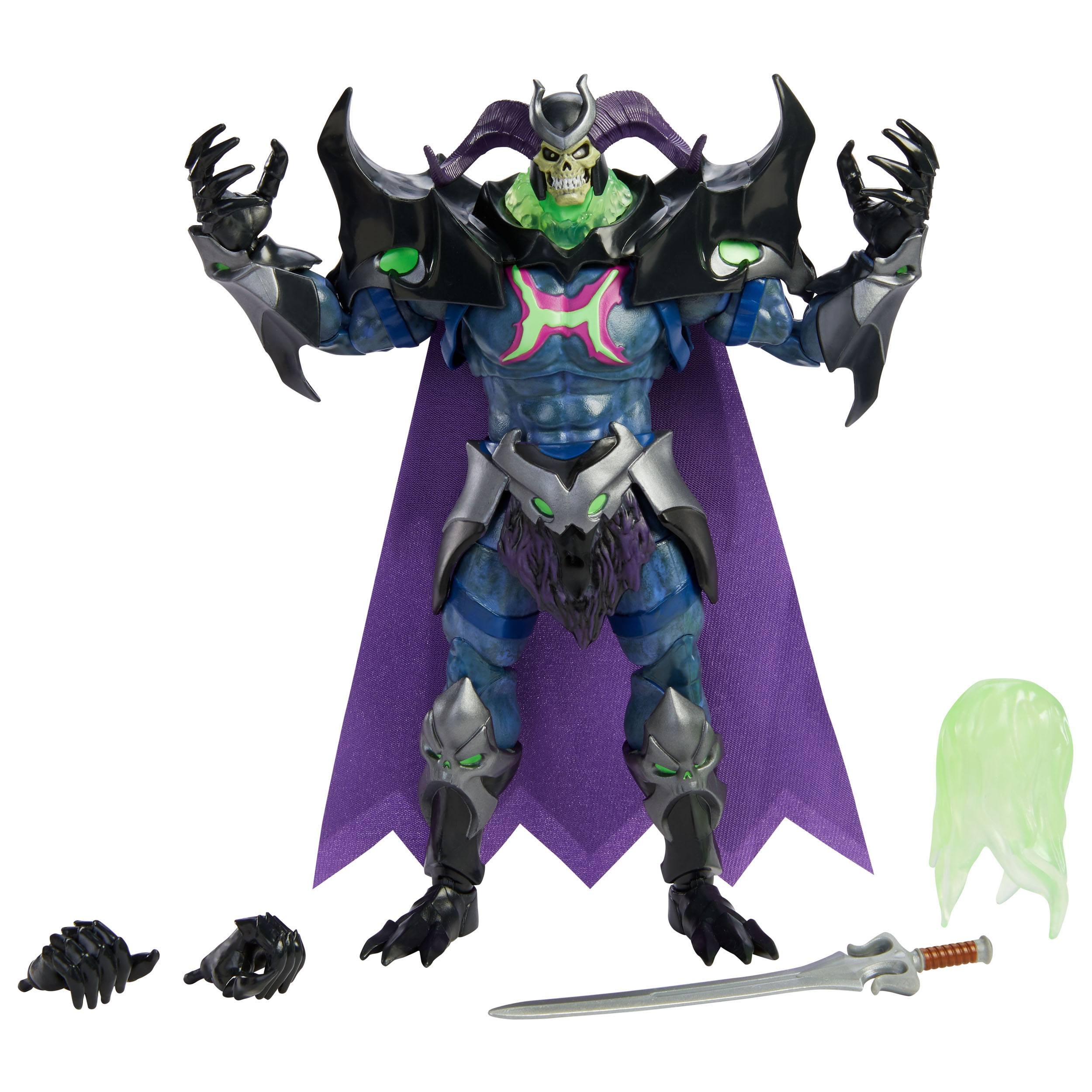 Skeletor Actionfigur mit Zubehör. Lila Umhang, grünes Gesicht, ein Schwert.