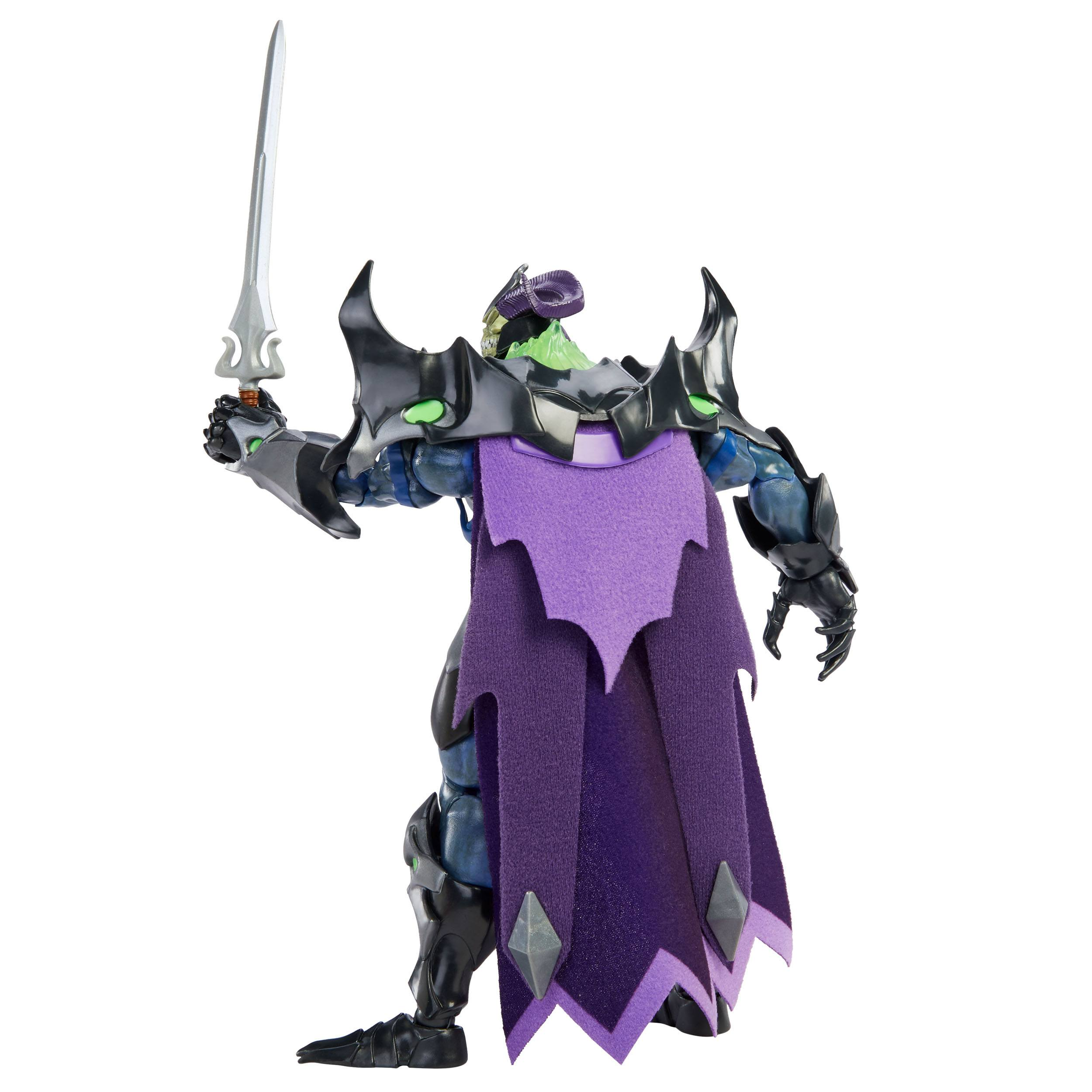 Actionfigur einer Figur in schwarzer Rüstung und lila Umhang, die ein Schwert hält. Seitenansicht.