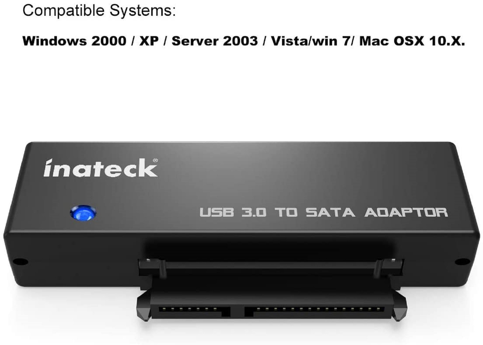 Schwarzer USB 3.0 zu SATA Adapter mit blauem Licht. Text: USB 3.0 TO SATA ADAPTOR, inateck.