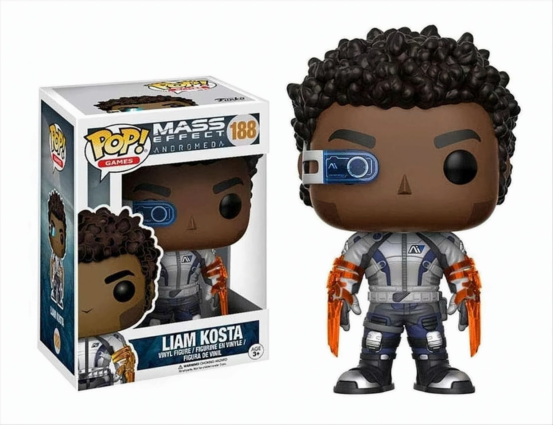 Una figura Funko Pop di Liam Kosta da Mass Effect, con una scatola che mostra il personaggio.