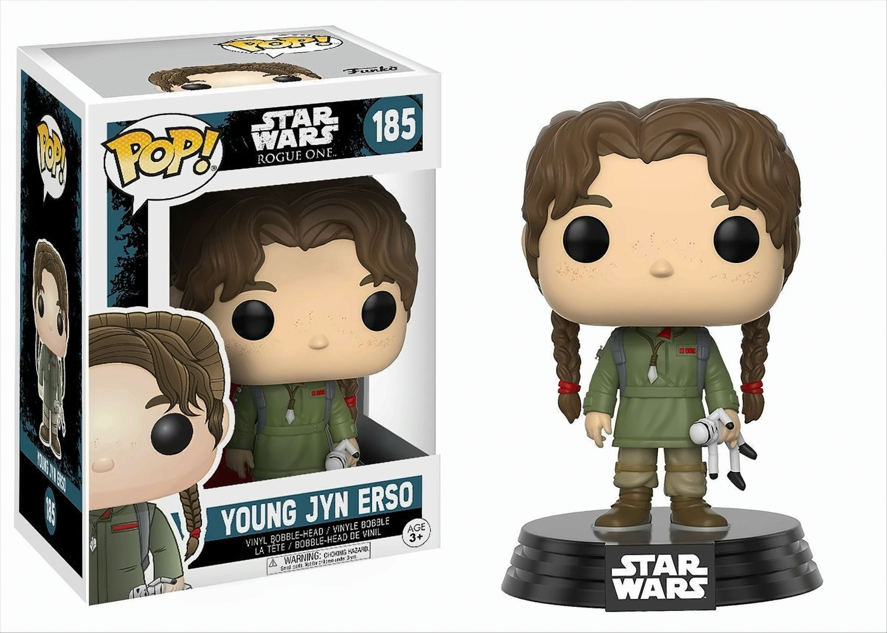 Eine Funko Pop-Figur von Young Jyn Erso aus Star Wars. In der Originalverpackung. Auch eine Figur.