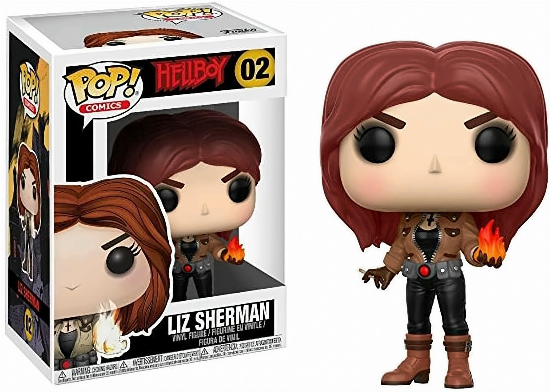 Figura Funko Pop di Liz Sherman. Una figura di una donna con i capelli rossi e una giacca marrone. Imballaggio.