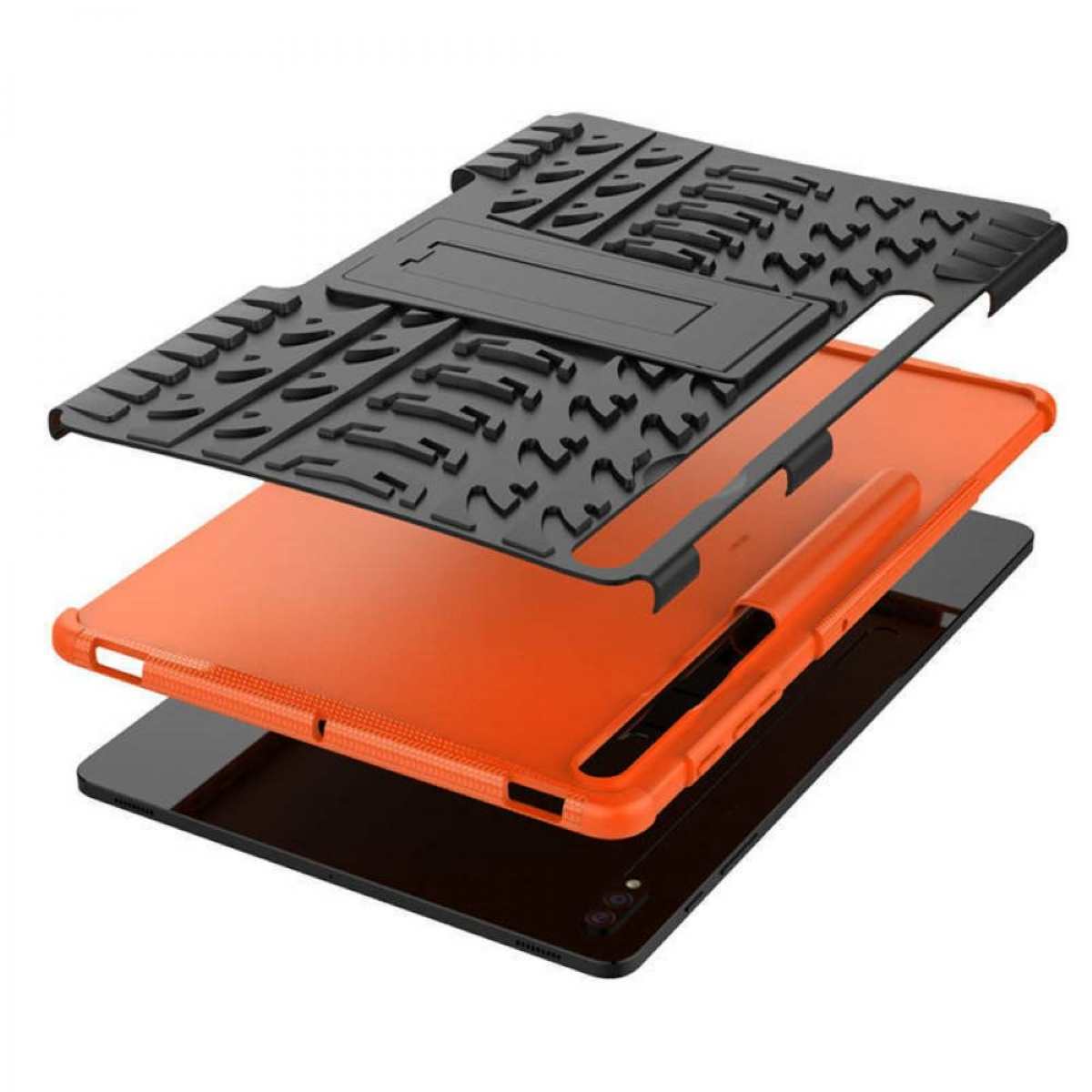 Tablet-Hülle Schichten: schwarze obere Abdeckung, orangefarbene mittlere Hülle und schwarzes Tablet.