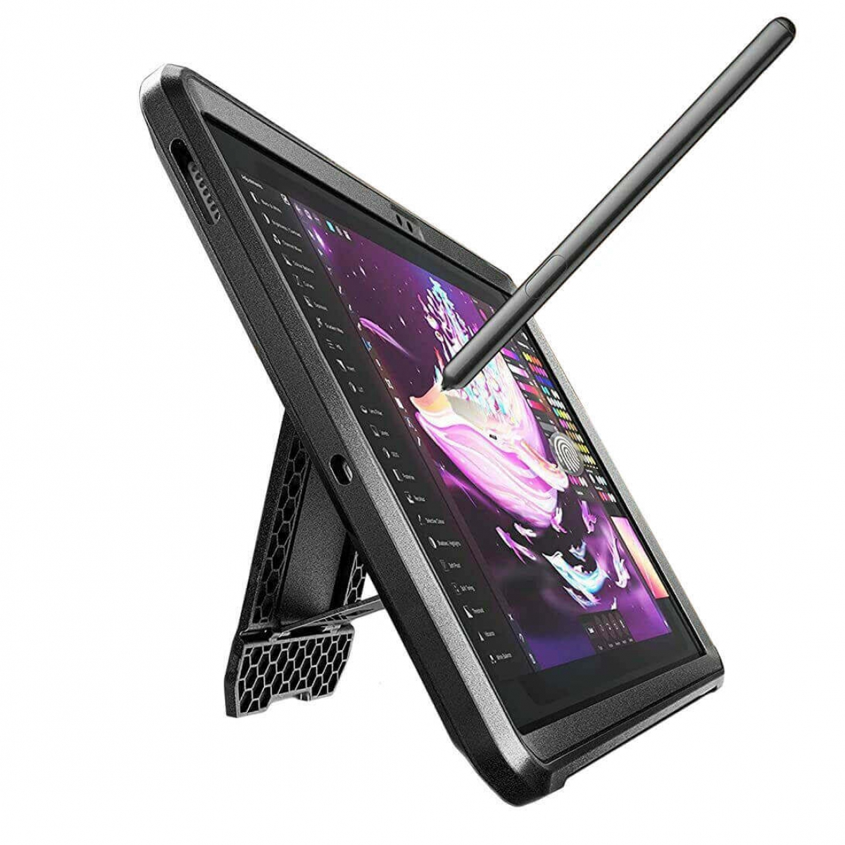 Ein schwarzes Tablet mit Stift, auf einem Ständer abgestützt, zeigt eine Zeichnung.