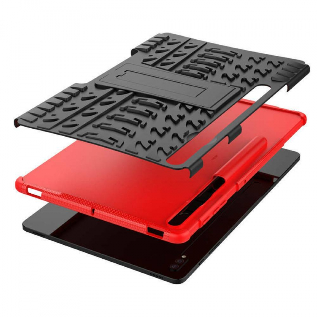 Explosionsansicht einer Tablethülle mit Schichten: einer schwarzen Abdeckung, einem roten Tablet und einem schwarzen Ständer.