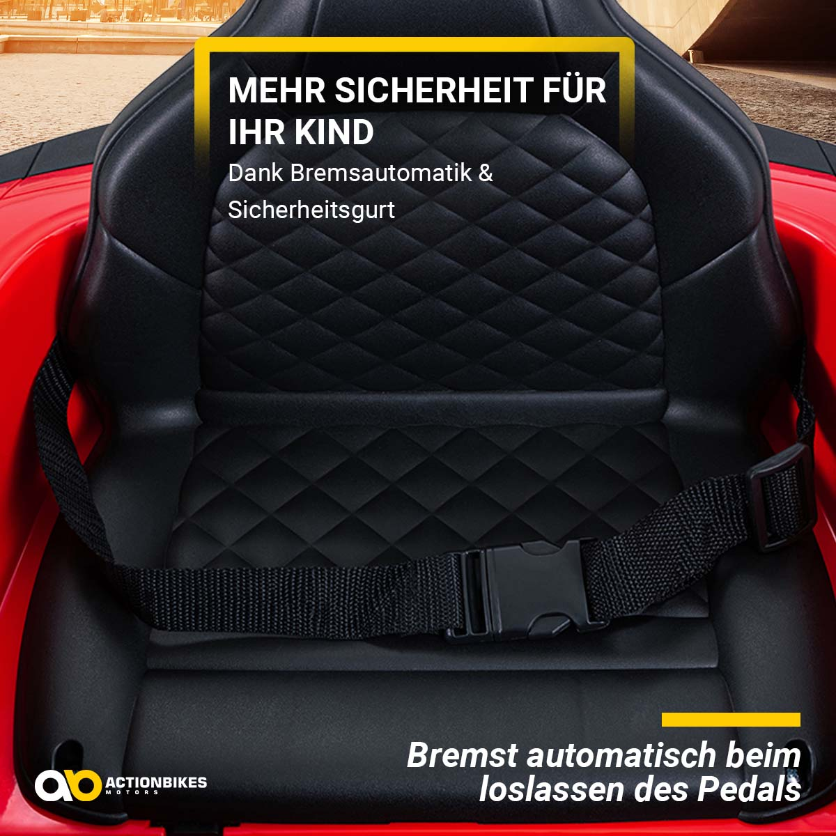 Kindersitz, schwarz und rot. Text: Mehr Sicherheit für Ihr Kind. Automatikbremse & Sicherheitsgurt.