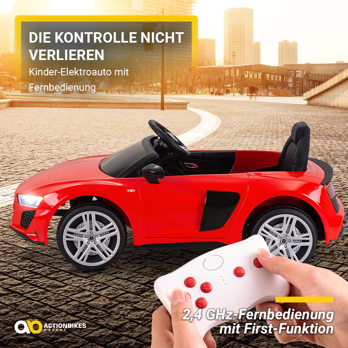 Ein rotes Spielzeugauto mit Fernbedienung, das für ein Elektroauto für Kinder wirbt.