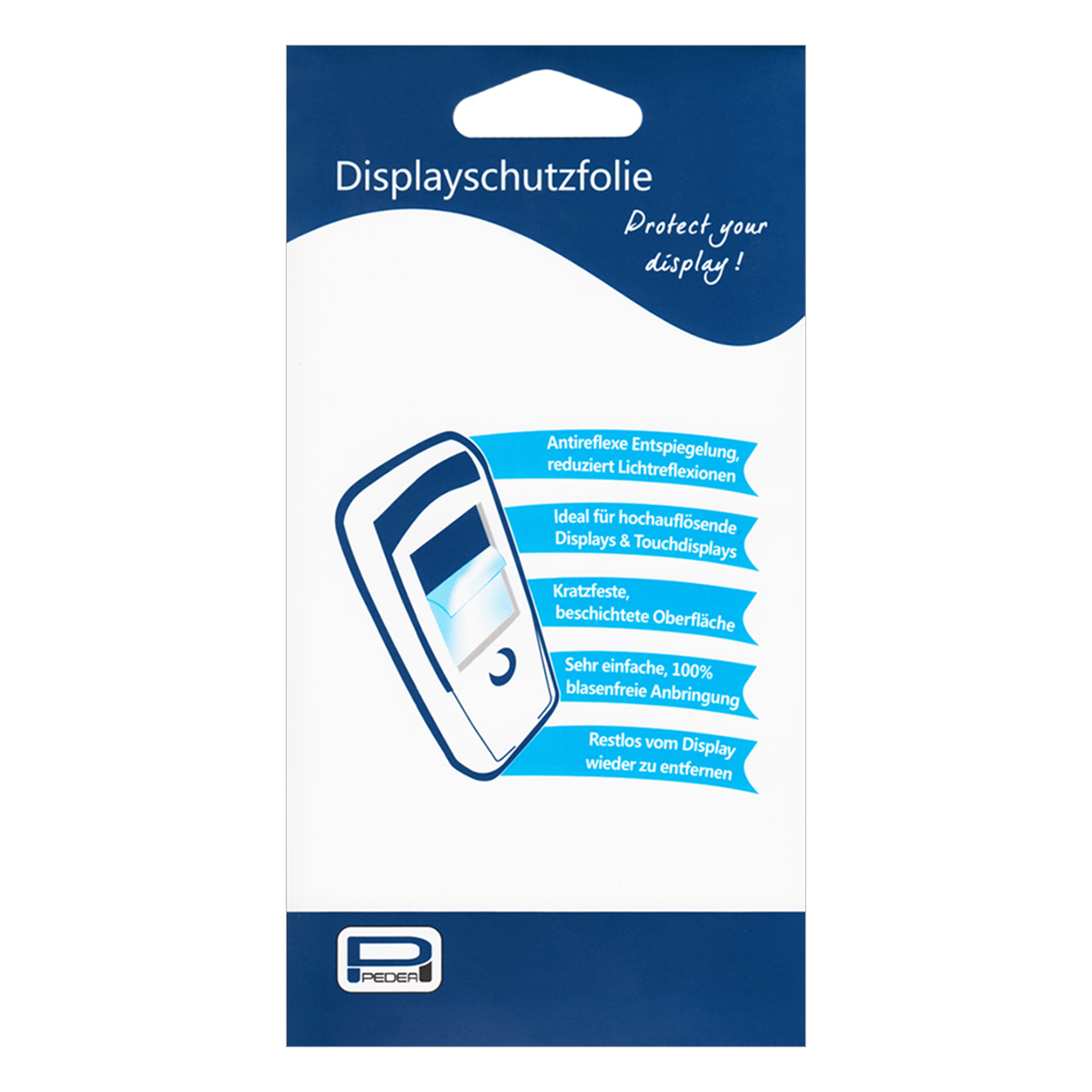 Eine blau-weiße Verpackung für eine Displayschutzfolie mit Produktdetails und Symbolen.