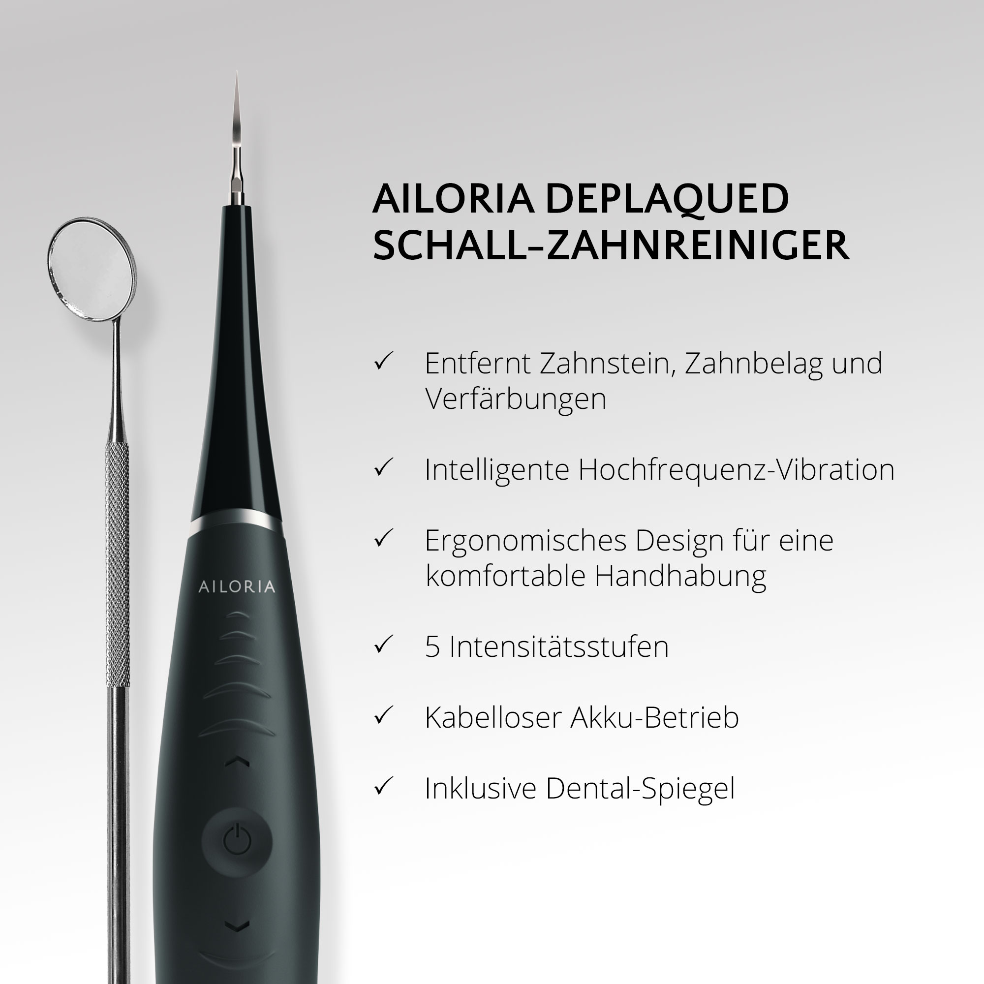 Schwarzer Zahnsteinentferner mit Spiegel. Text beschreibt Funktionen: entfernt Flecken, Vibrationen uvm.