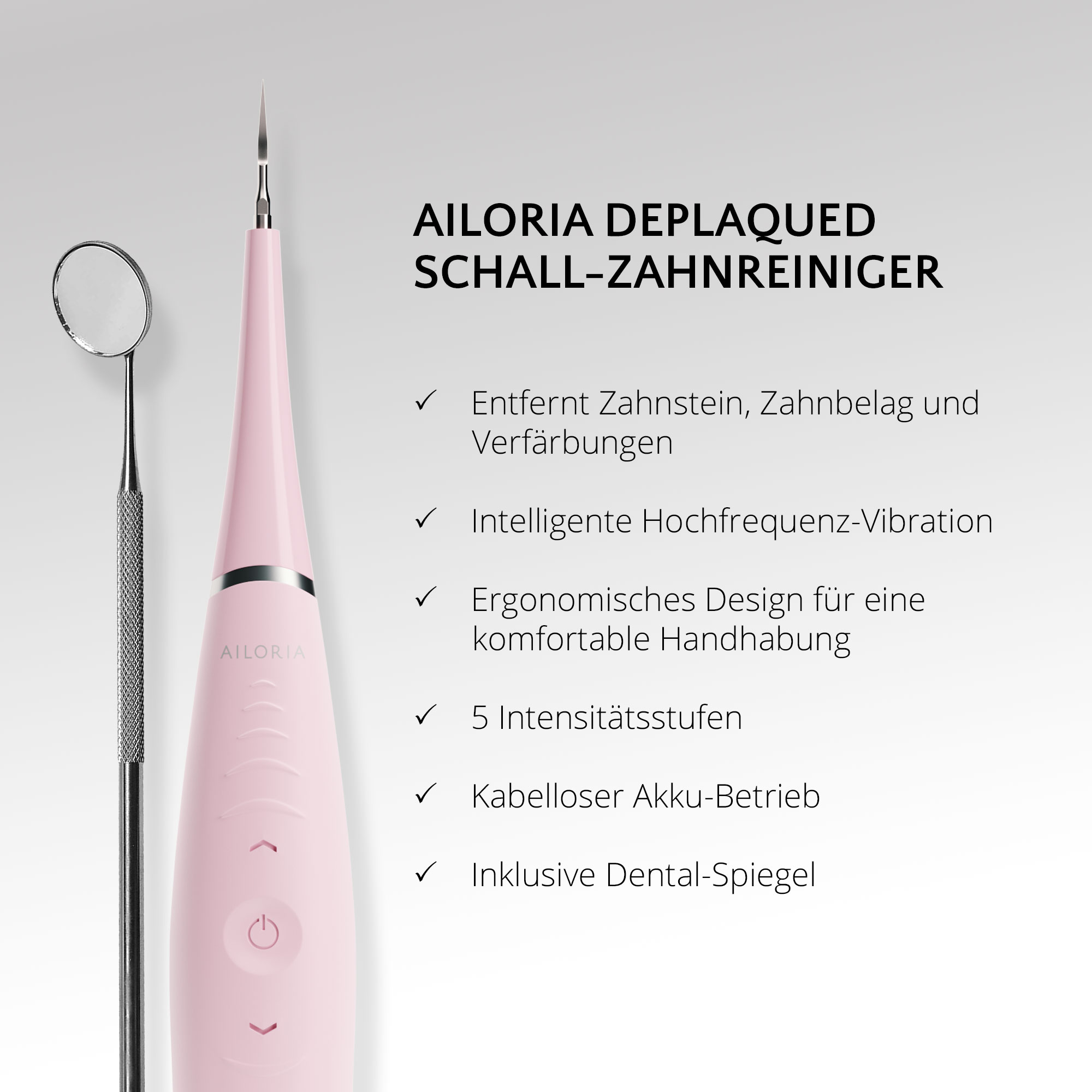 Ein rosa Zahnreinigungswerkzeug und Spiegel mit Text und Häkchen.