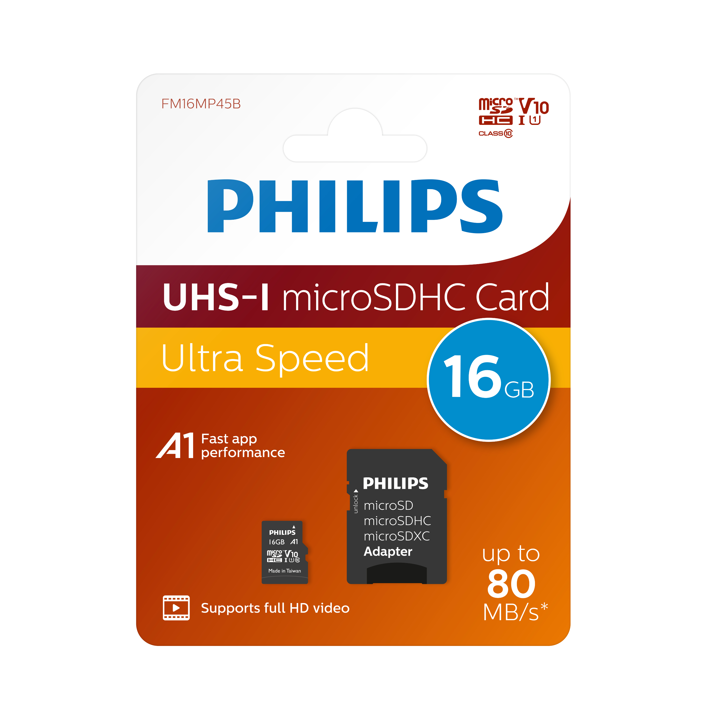 Philips 16GB microSD-Kartenverpackung. Merkmale: UHS-I, Ultra Speed, A1 und unterstützt Full HD-Video.