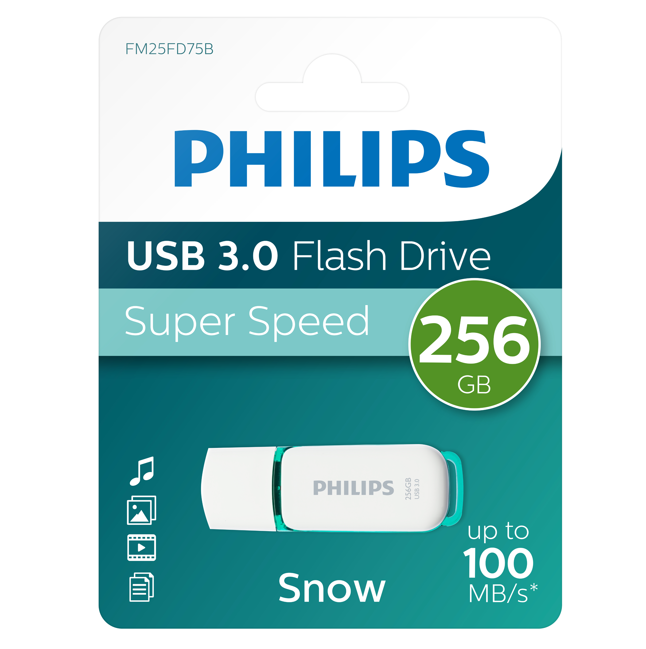 Philips USB 3.0 flashdrive in verpakking met een groene 256 GB badge en productinfo.