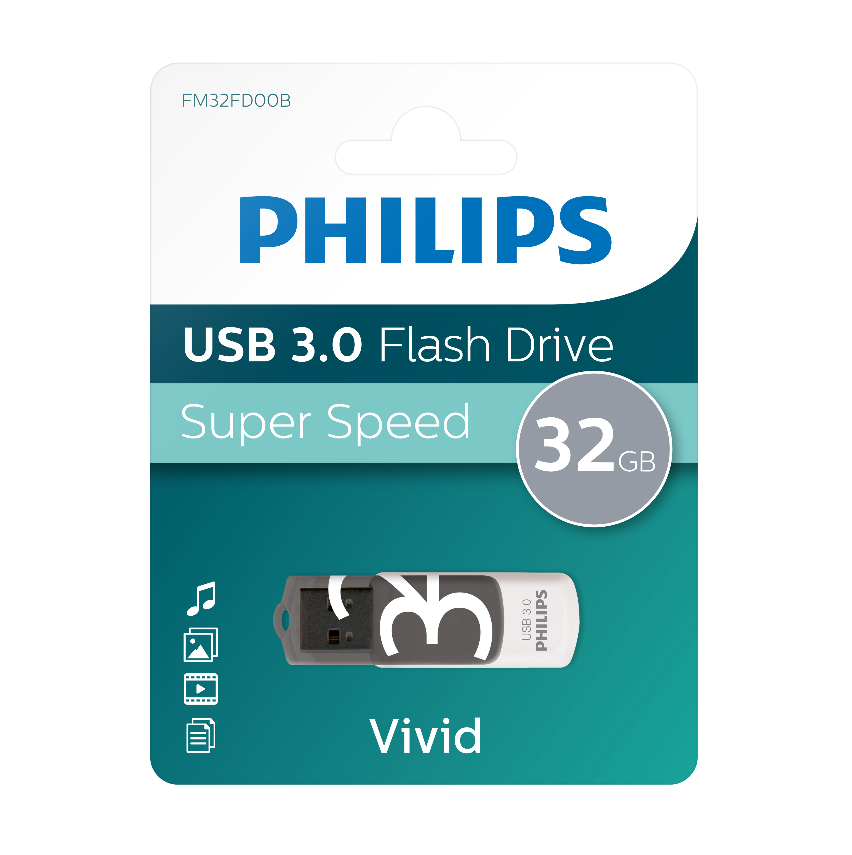 Pendrive USB 3.0 w opakowaniu. Posiada logo Philips i pojemność 32 GB.