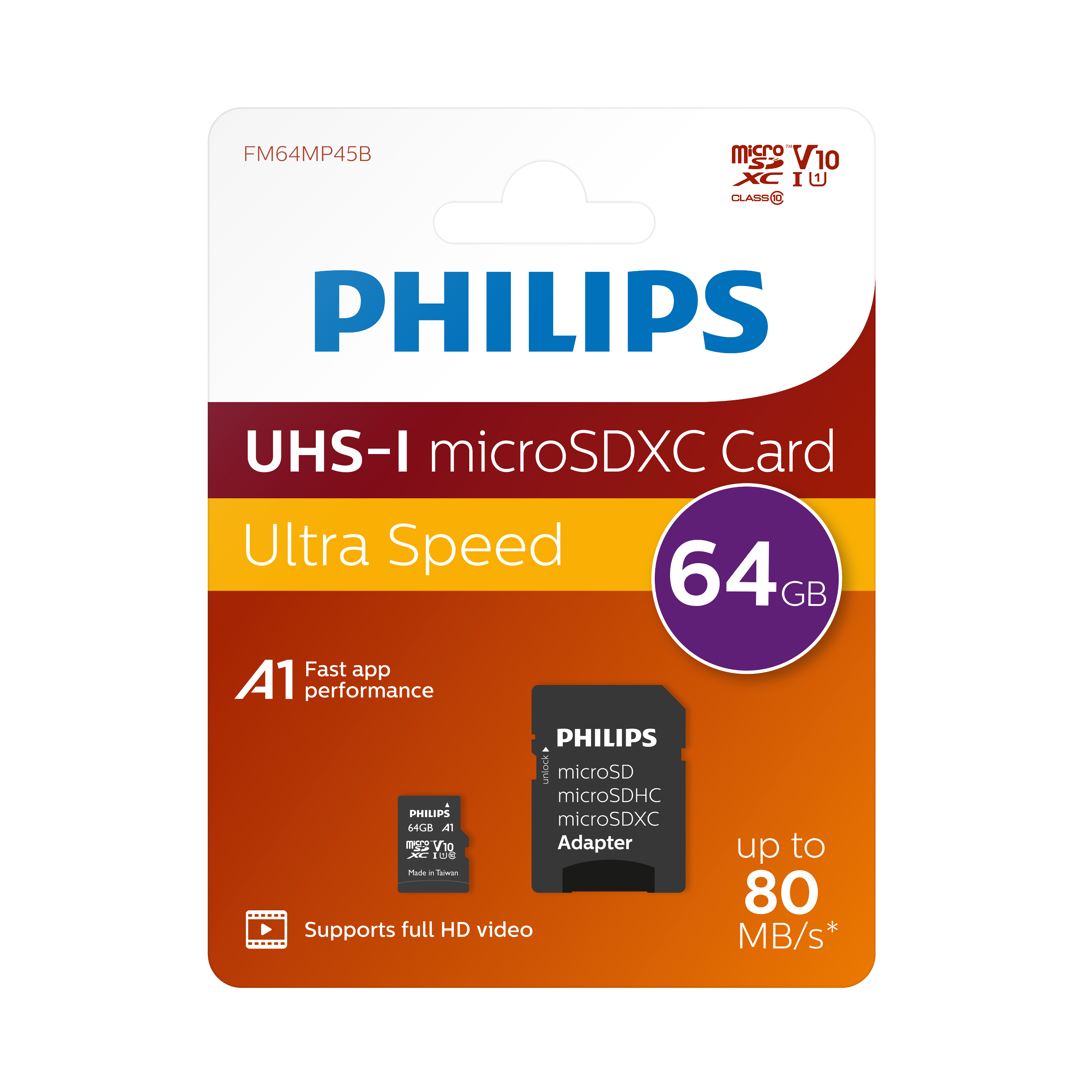 PHILIPS Micro-SDHX 64 Class 10 U1, Micro-SDHC 80 UHS-I Mbit/s 64 Adapter, GB, Speicherkarte
