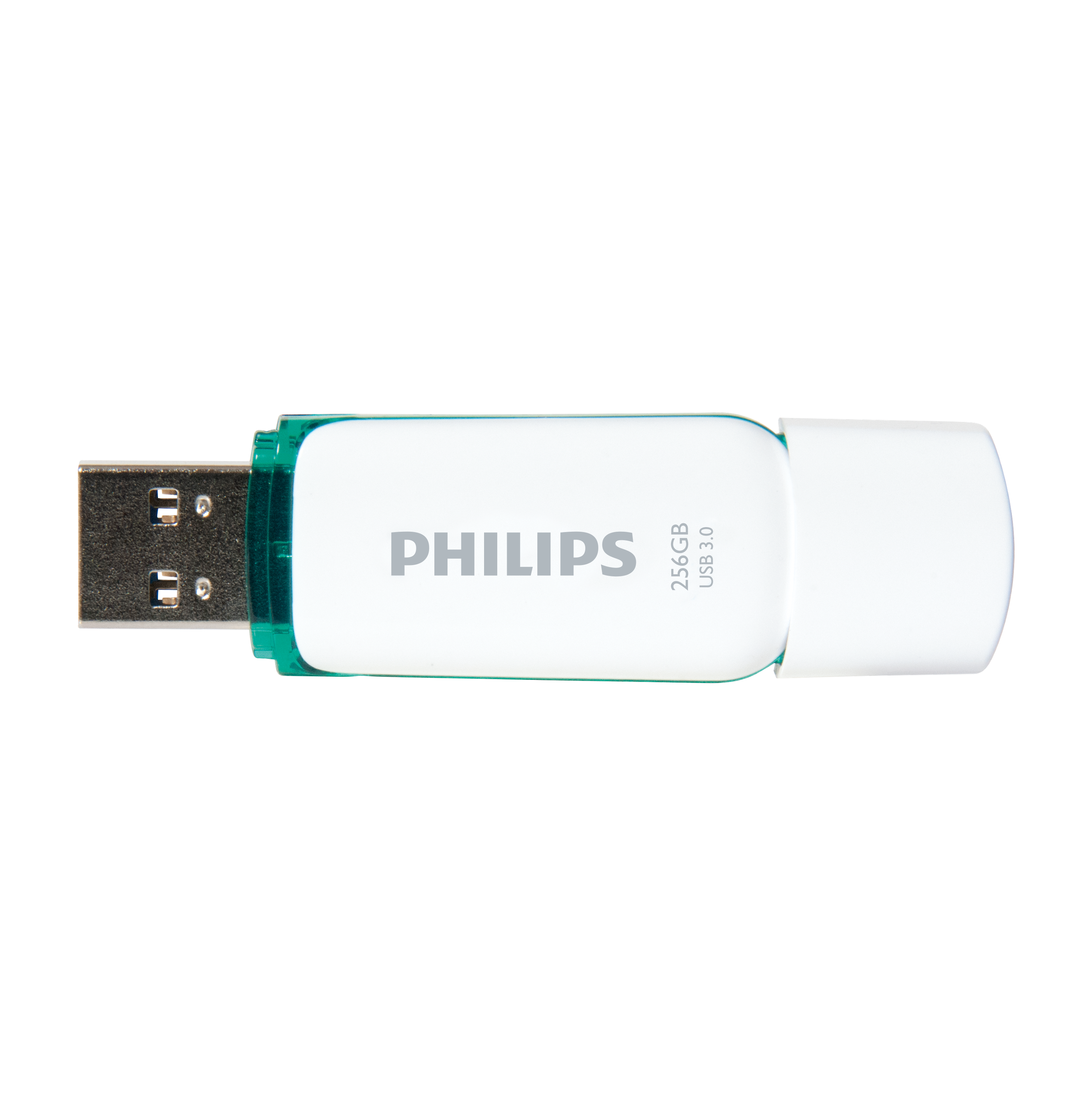 Een witte en groene USB-stick met 'PHILIPS' en '256GB USB 3.0' erop gedrukt.