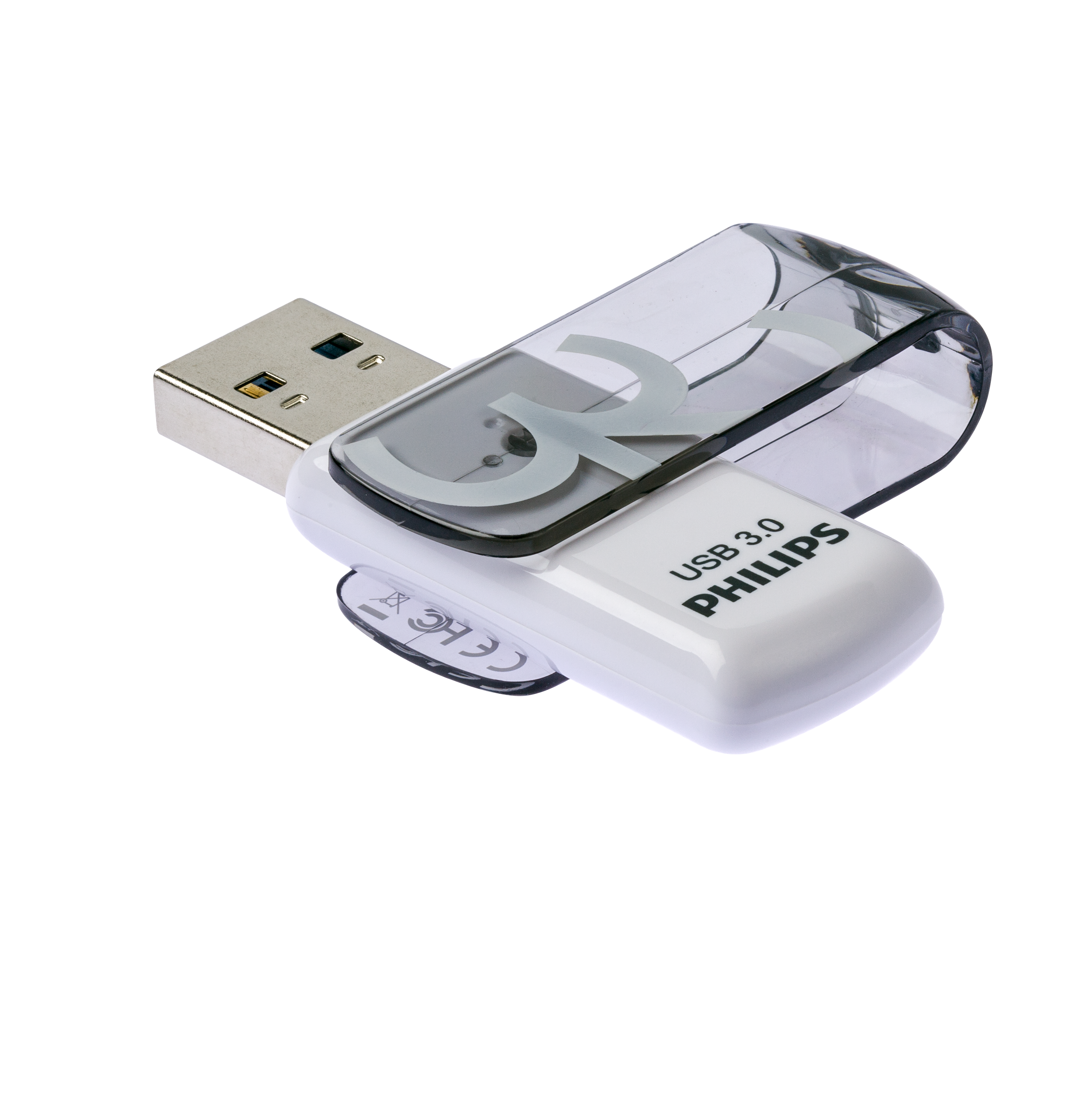 Biały i przezroczysty pendrive USB 3.0 Philips. Złącze USB jest srebrne.