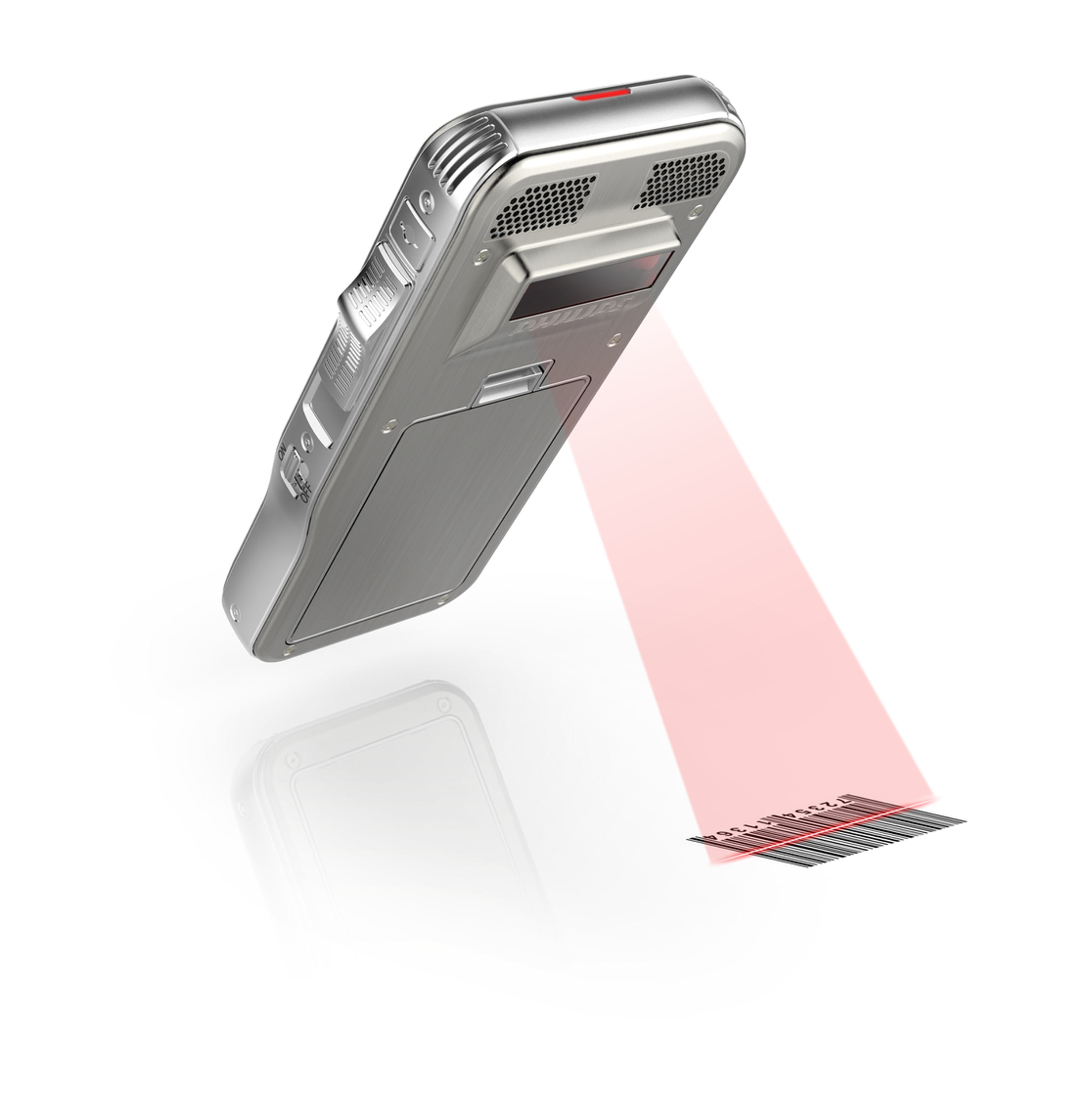 Silberner Barcode-Scanner, der einen roten Strahl auf einen Barcode projiziert.