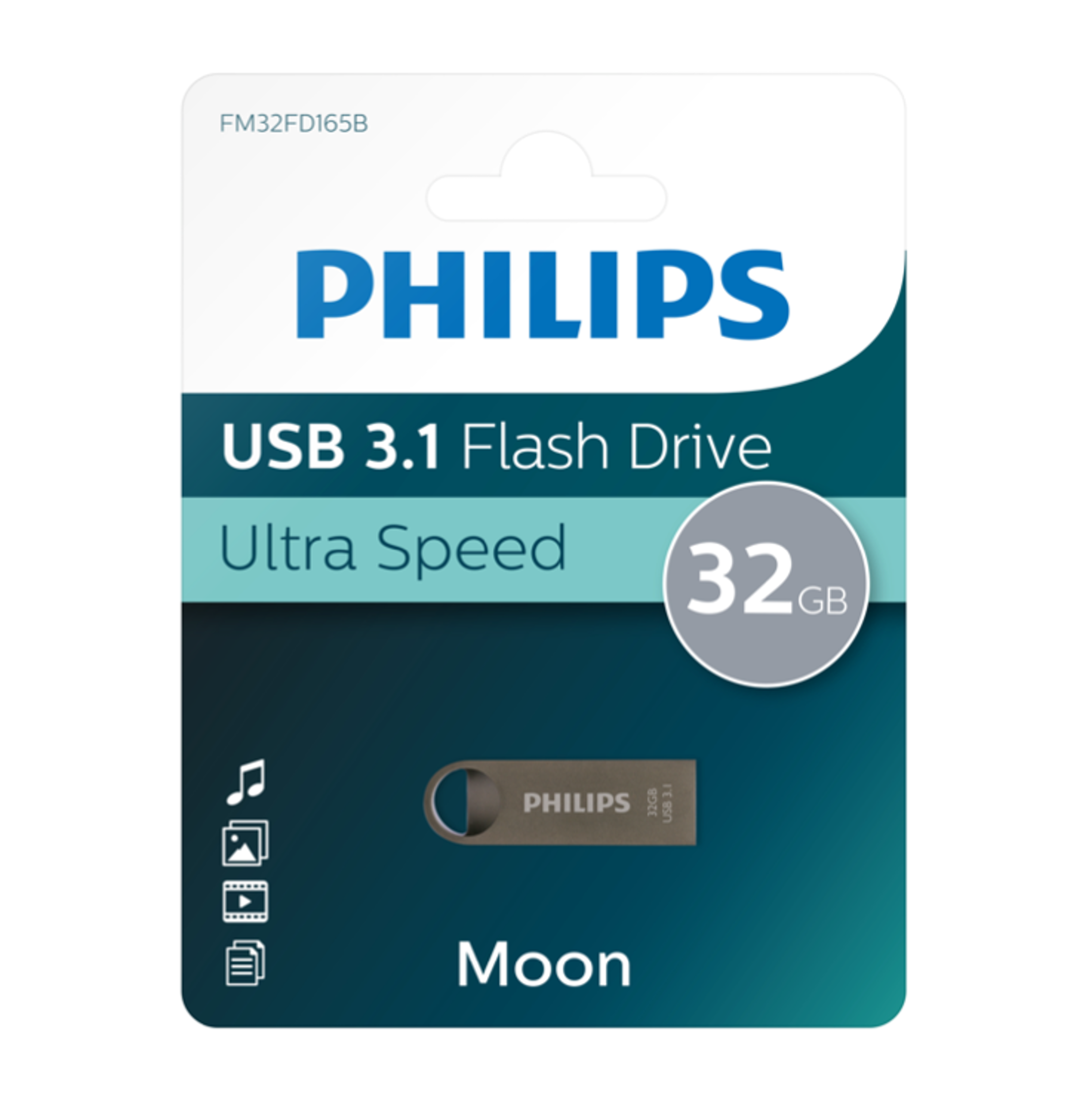 Philips USB 3.1-Flash-Laufwerk in Verpackung. Silbernes Laufwerk in blau-weißer Verpackung.
