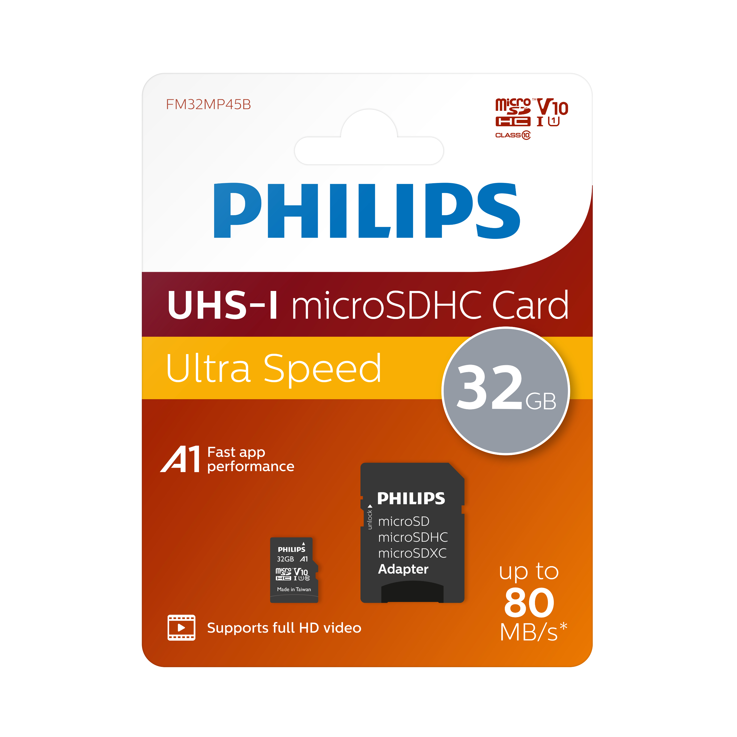 PHILIPS Micro-SDHC 32 Class 10, GB, UHS-I 80 Micro-SDHC Adapter, 32 Mbit/s UI, Speicherkarte