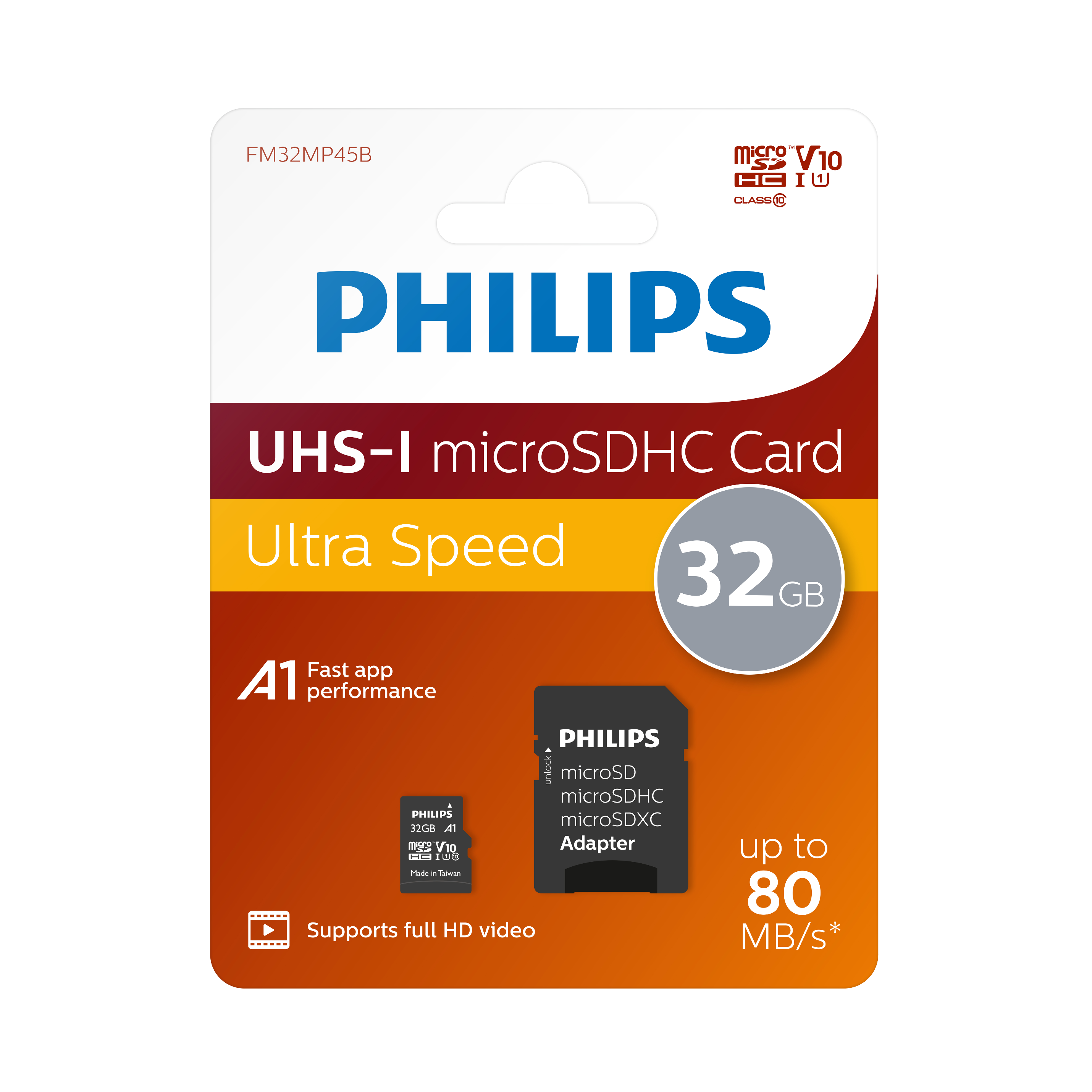 Philips microSD-Kartenverpackung. 32GB Kapazität, UHS-I, Ultra Speed, Full-HD-Video.