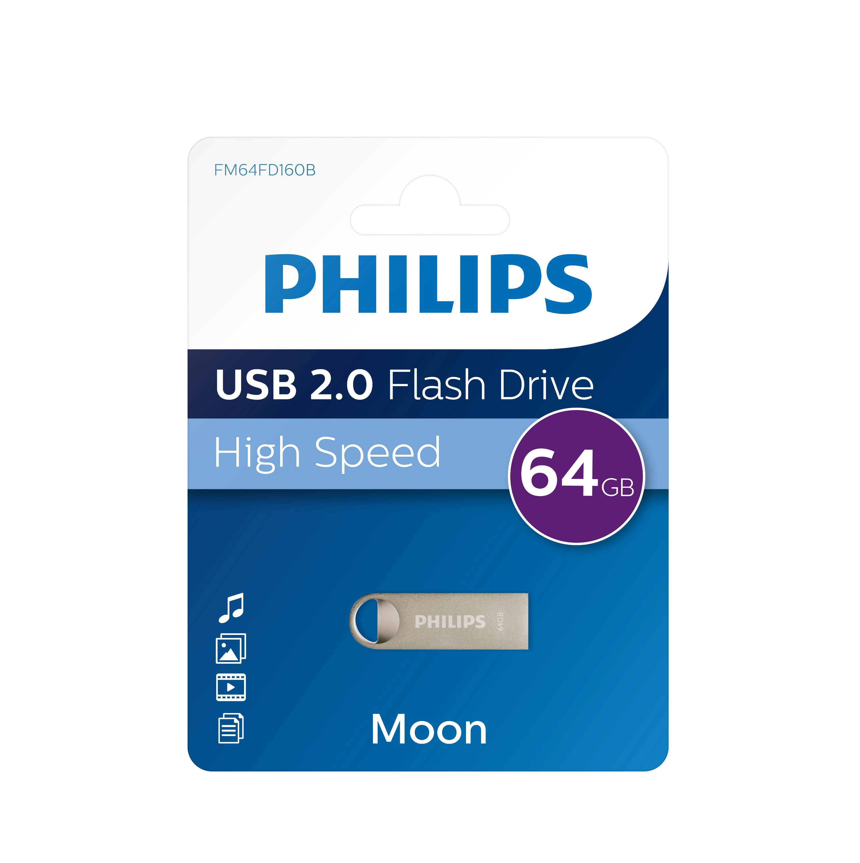 Pamięć flash USB 2.0 Philips w opakowaniu, model Moon, srebrny.
