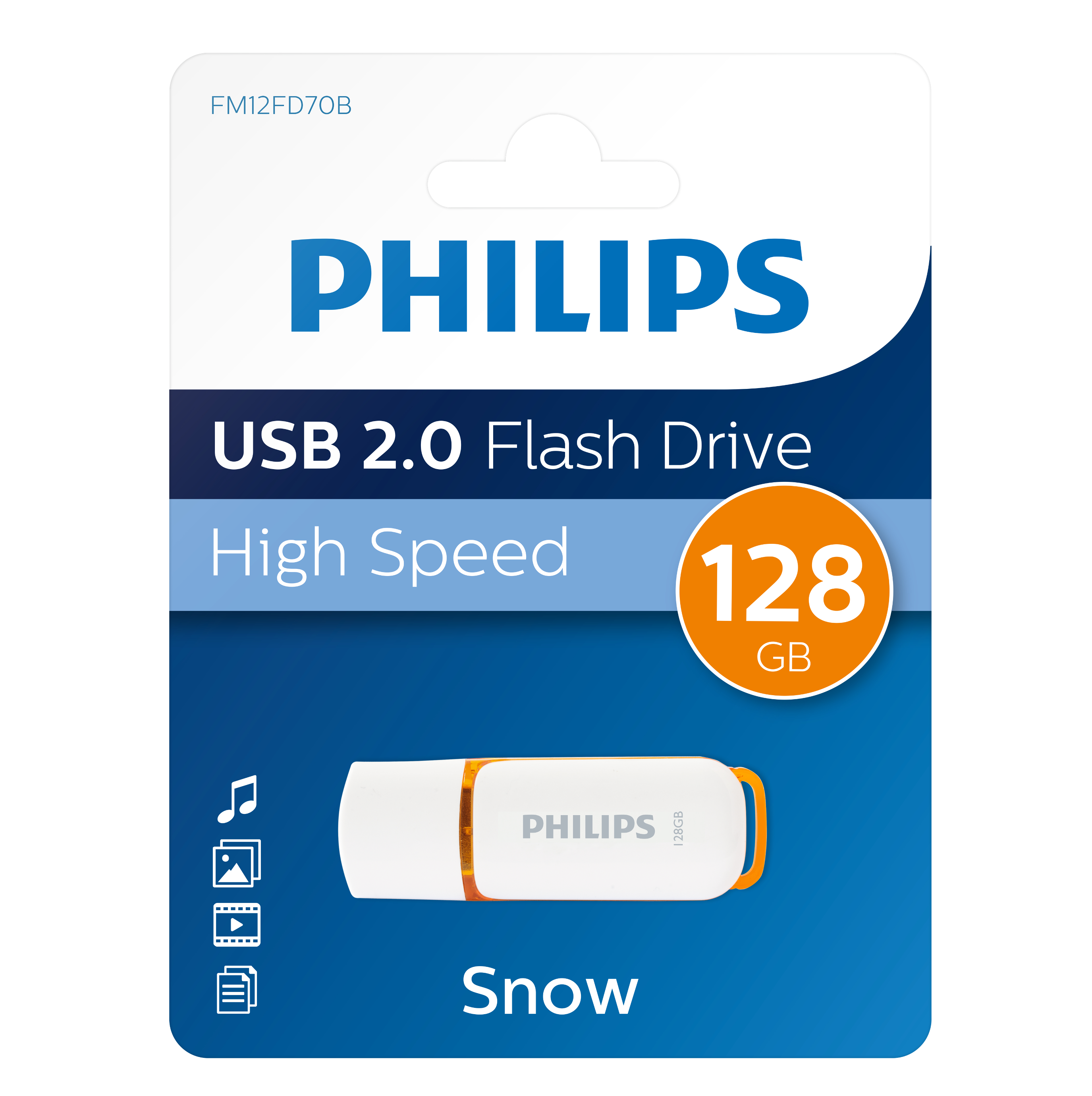 Philips USB-Stick auf Verpackung mit 128GB Kapazität und Schneefarbe.