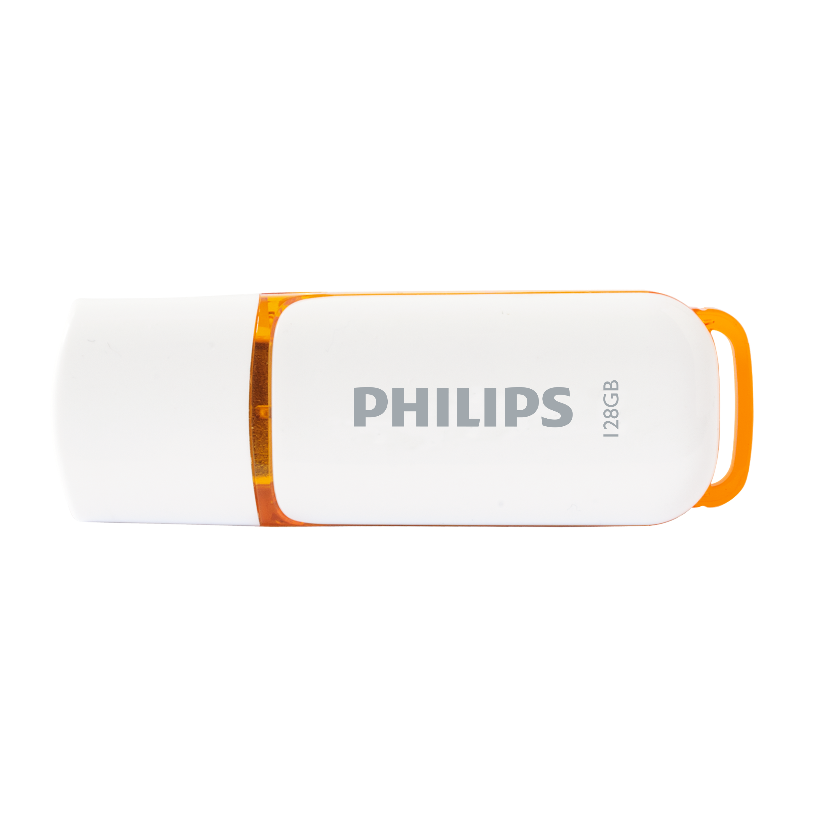 Weiß-oranger Philips 128GB USB-Stick auf weißem Hintergrund.