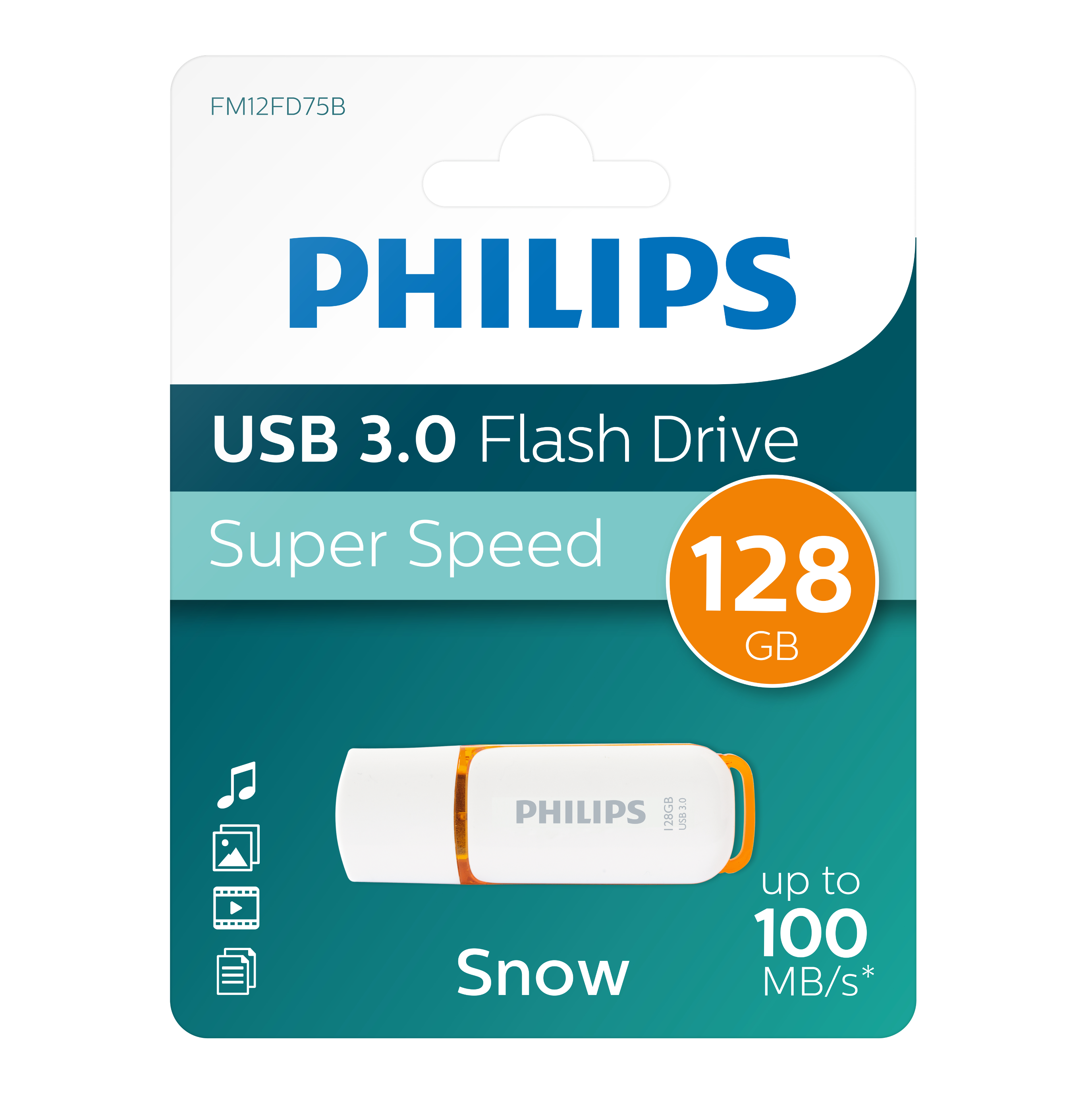 USB-Stick-Verpackung. Weißes und oranges Laufwerk in einer Blisterverpackung. Text enthält Philips und 128 GB.