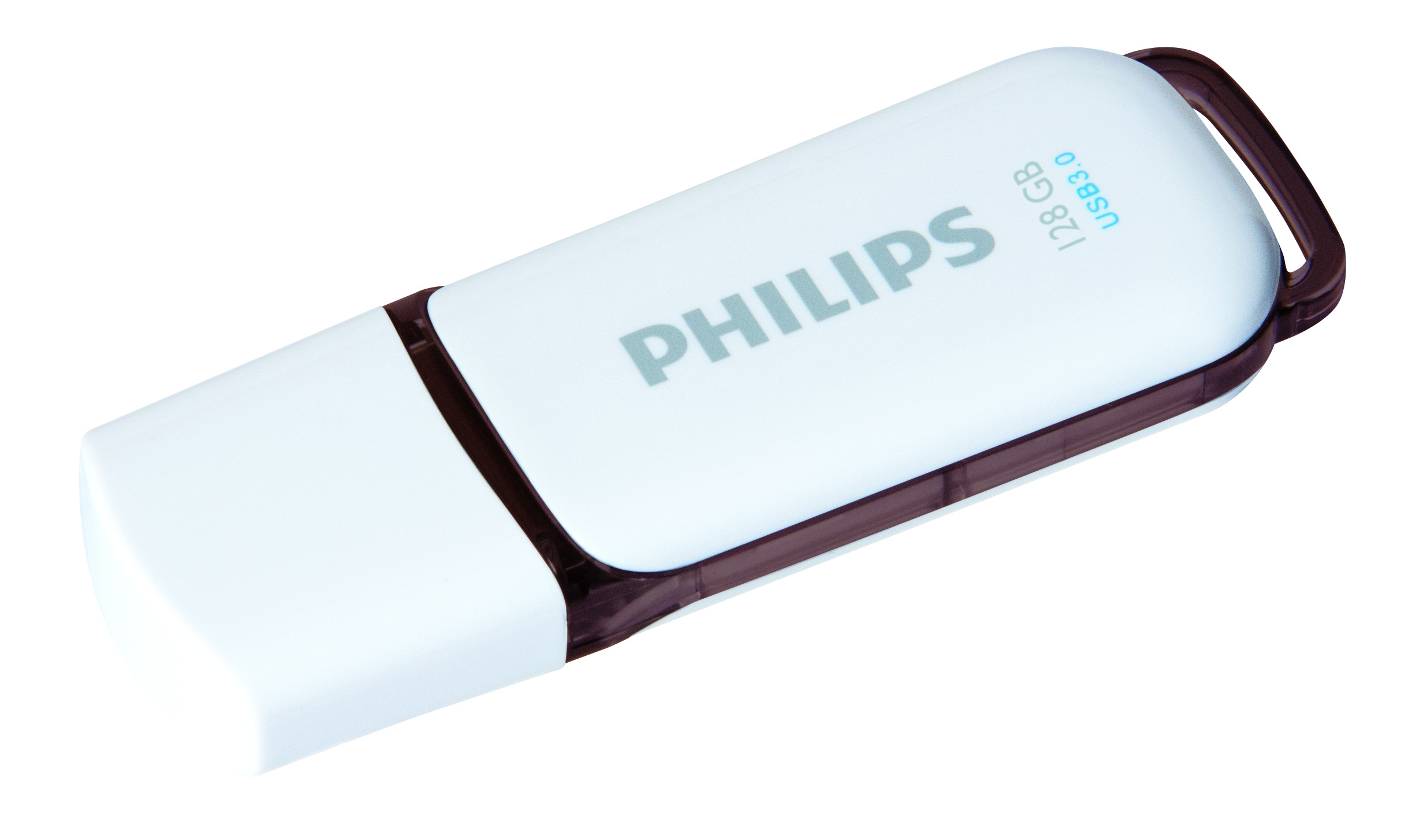Ein weißer Philips USB-Flash-Laufwerk mit schwarzer Kappe, mit Philips-Logo und USB 3.0-Info.