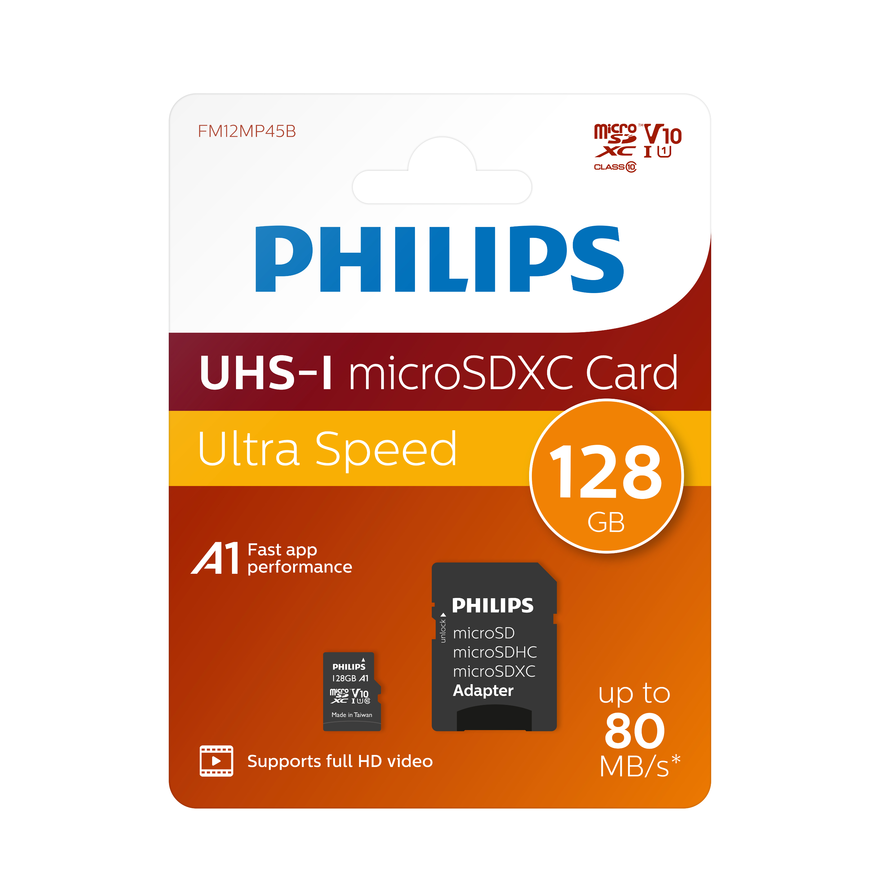 A Philips 128GB microSDXC card with adapter.