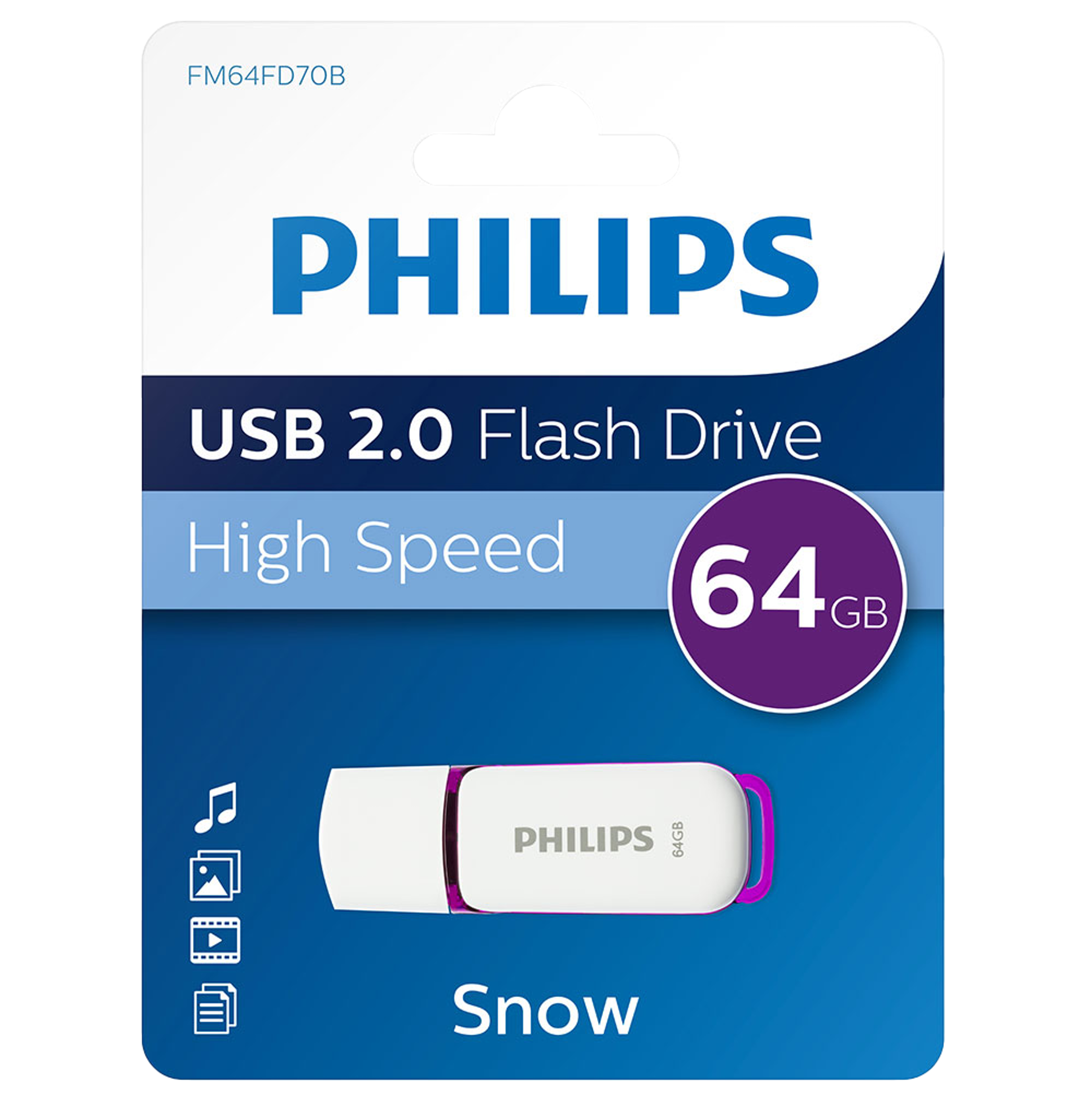 Pamięć flash USB 2.0 Philips w opakowaniu. Biały napęd z fioletowymi akcentami i tekstem.
