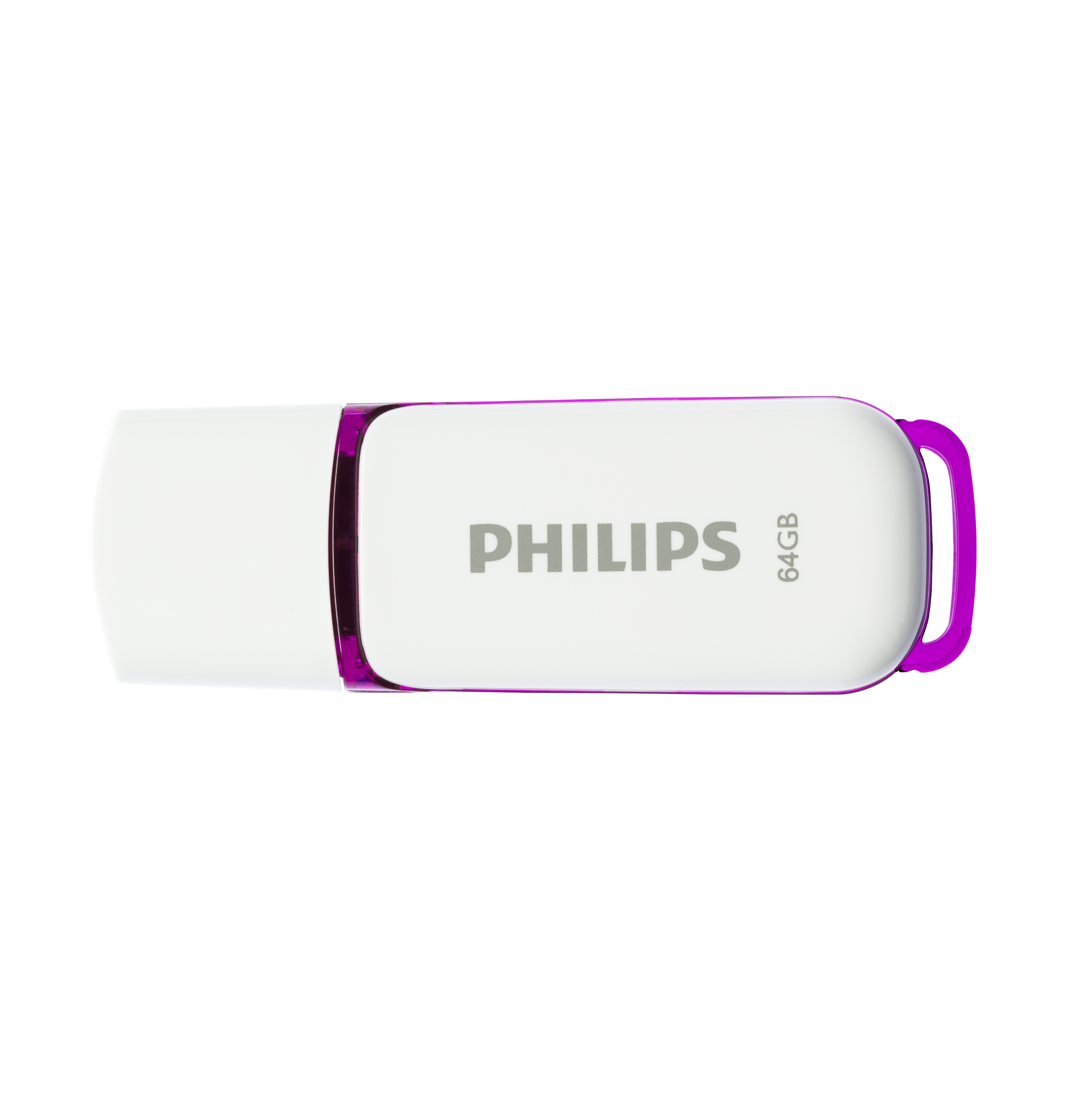 Biały i fioletowy dysk USB Philips z tekstem: PHILIPS 64GB.