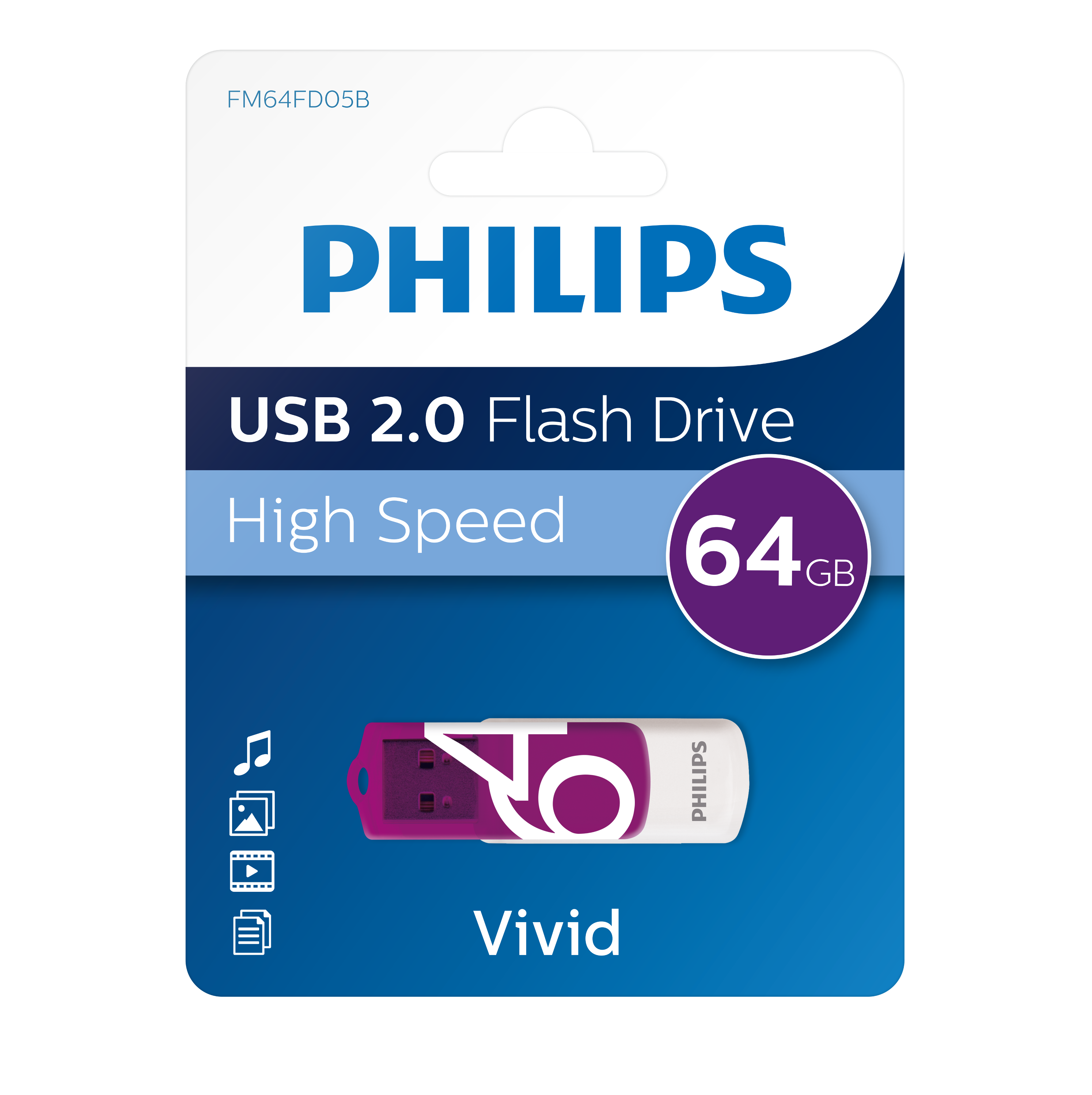 Opakowanie pendrive'a USB z fioletowym i białym pendrive'em. Zawiera etykiety 'PHILIPS' i '64GB'.