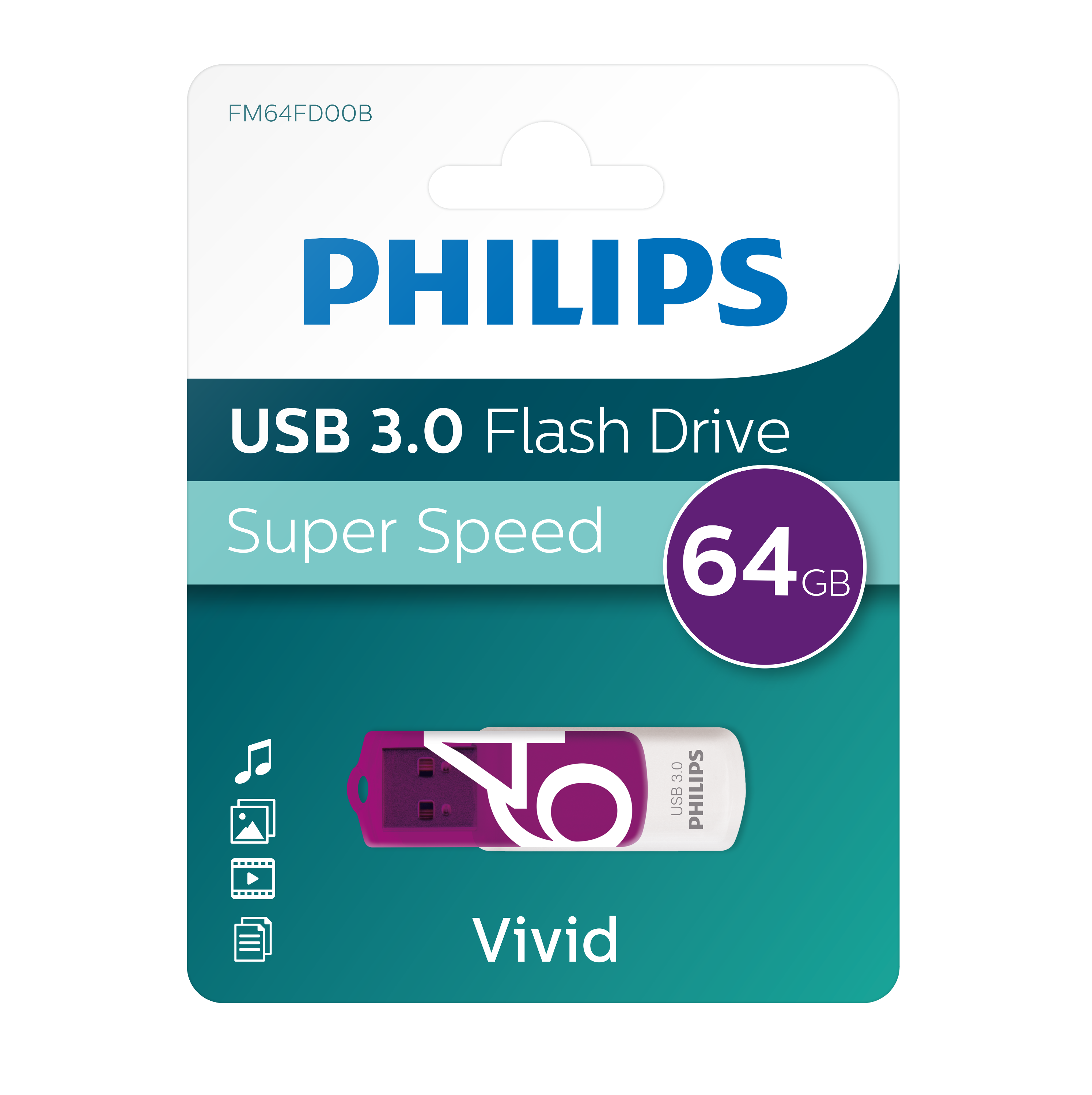 Opakowanie dysku flash USB 3.0 Philips. Dysk flash jest fioletowy i biały, a opakowanie pokazuje informacje.