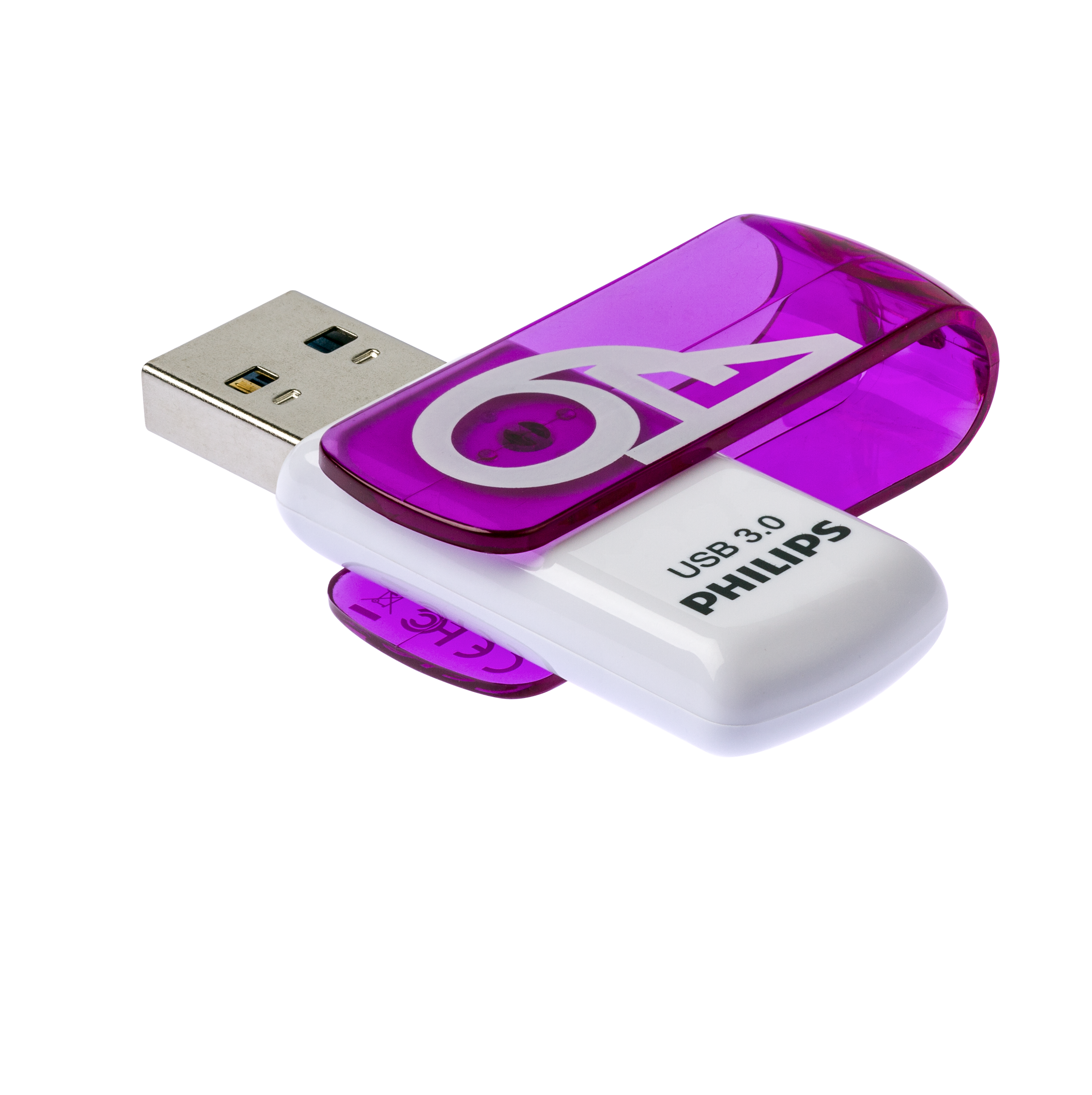 Biało-fioletowy pendrive z fioletową osłoną i etykietą USB 3.0.