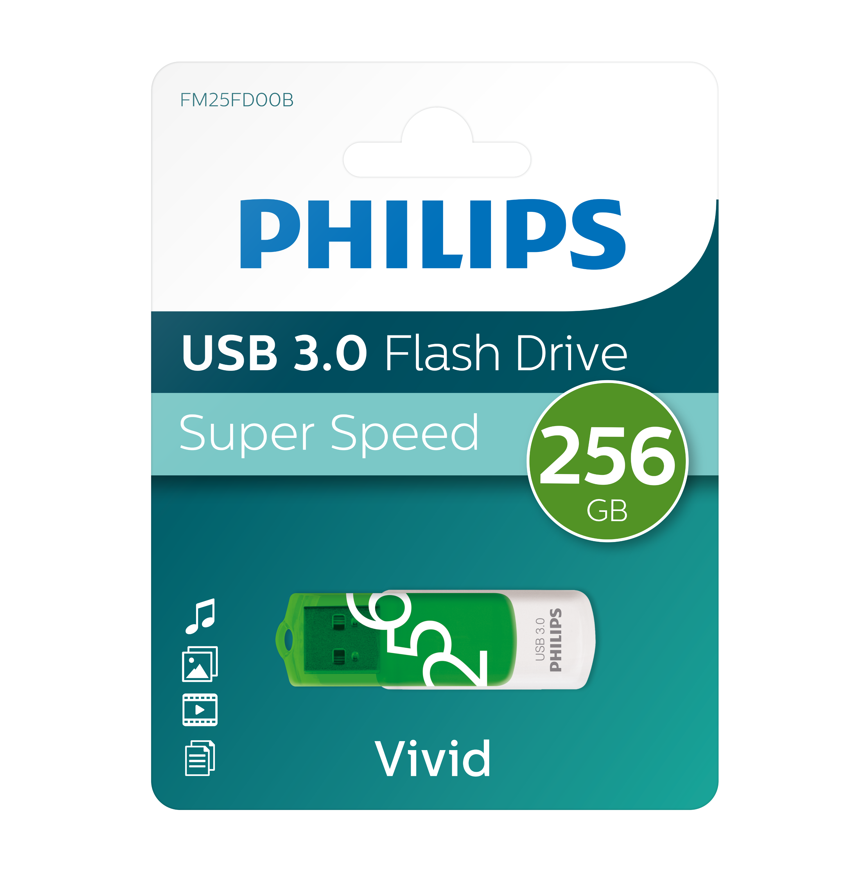 Chiavetta USB verde e bianca nella confezione. Scritto '256 GB'.